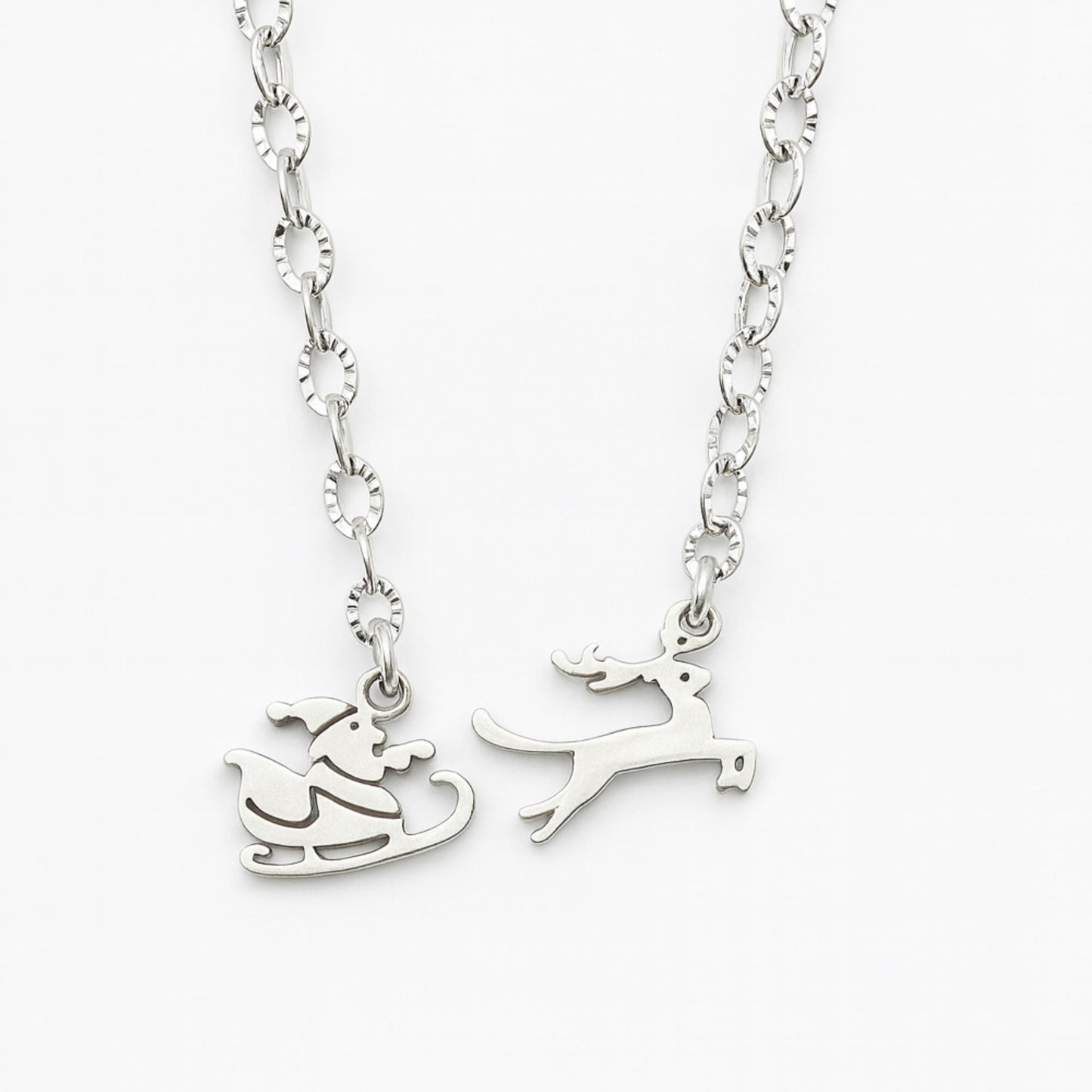 Silver Santa Sleigh Reindeer Necklace – Holiday Charm Pendant