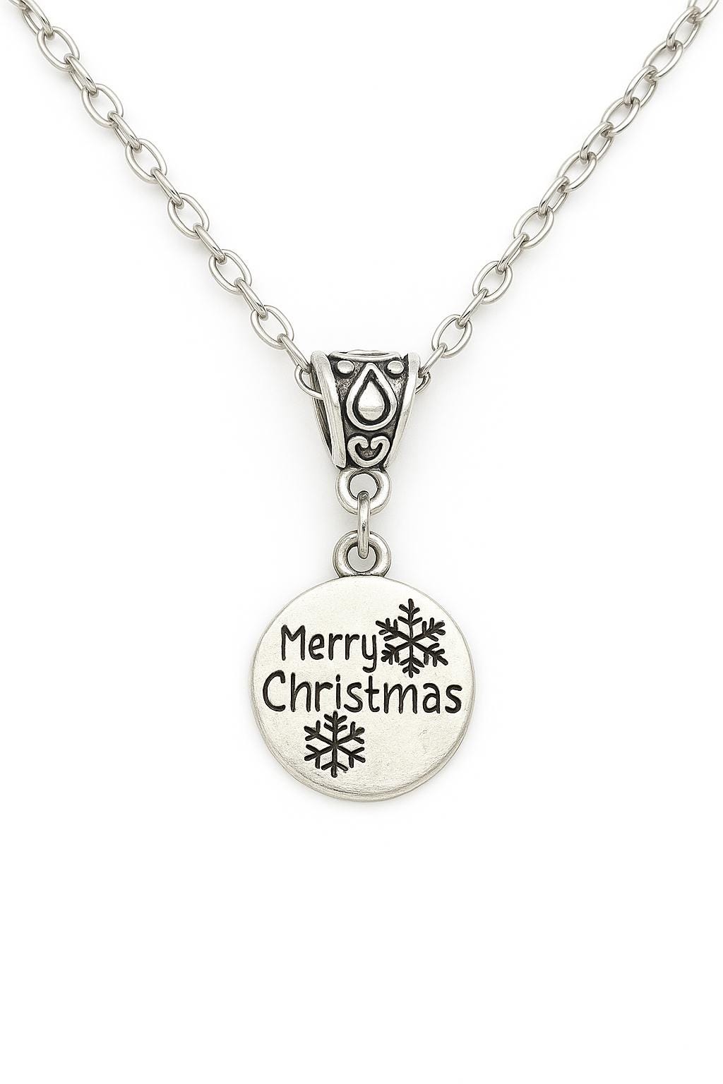 Merry Christmas Pendant Necklace – Silver Holiday Charm Necklace with Snowflakes | Festive Christmas Jewelry Gift for Her