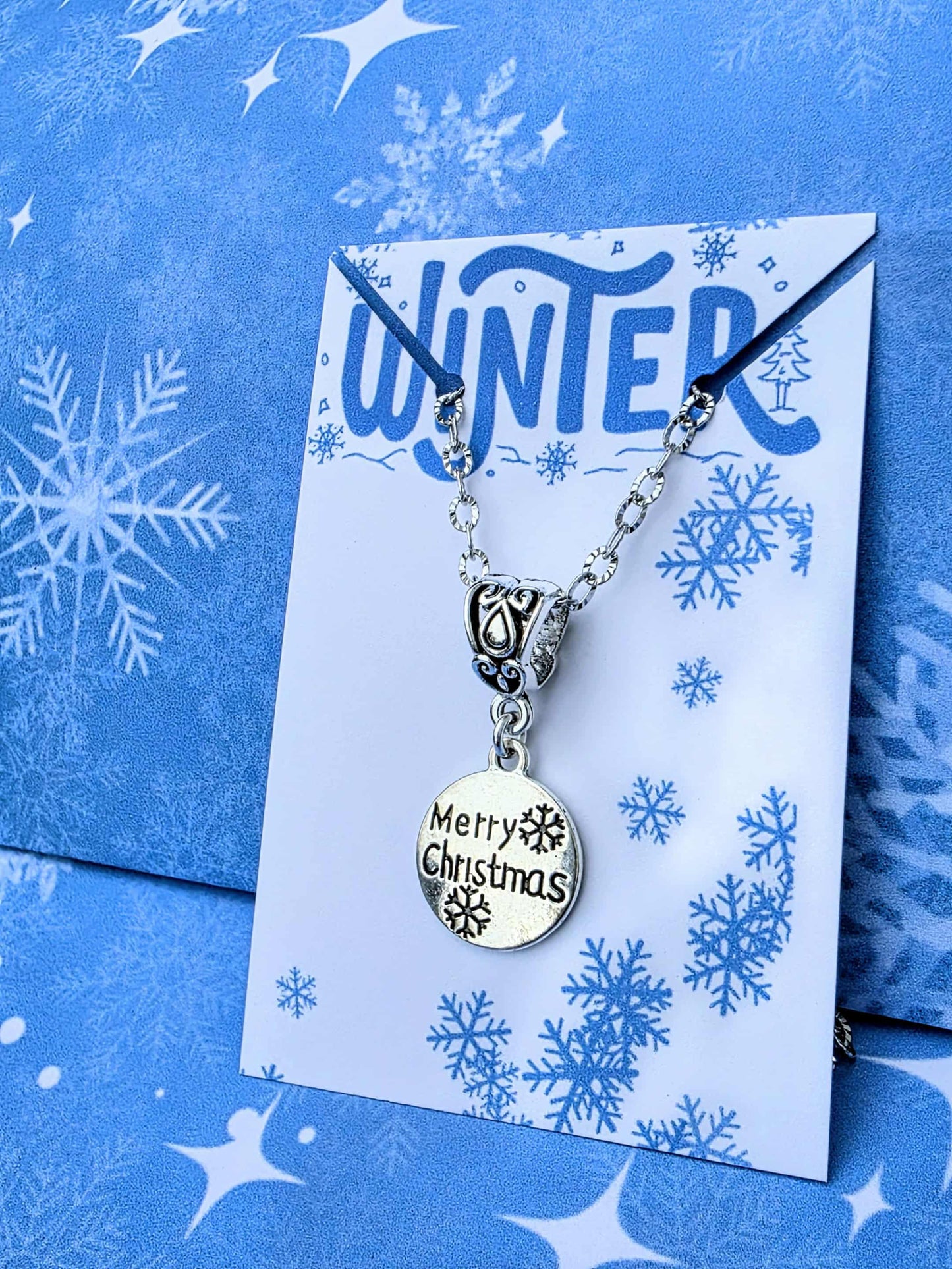 Silver “Merry Christmas” Charm Necklace – Snowflake Holiday Pendant | Festive Winter Jewelry Gift for Women