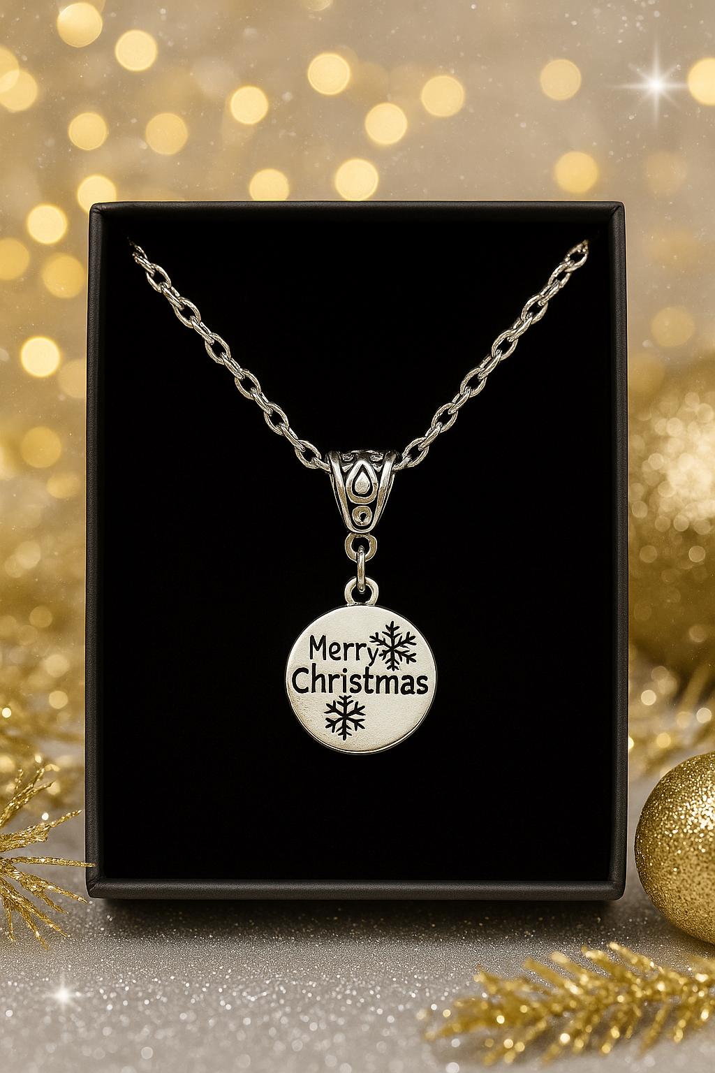 Merry Christmas Pendant Necklace – Silver Holiday Charm Necklace with Snowflakes | Festive Christmas Jewelry Gift for Her