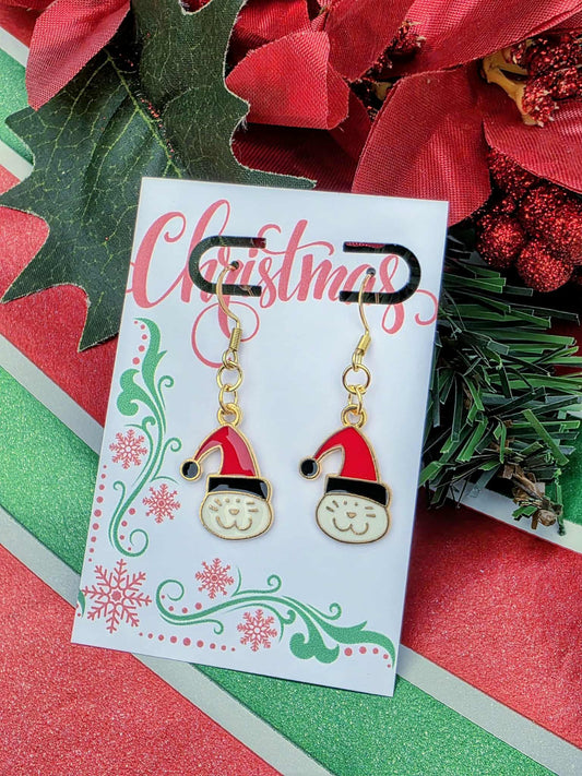 Cute Sanat Cat Face Earrings – Gold Holiday Dangle Earrings | Festive Christmas Jewelry Gift for Women & Teens