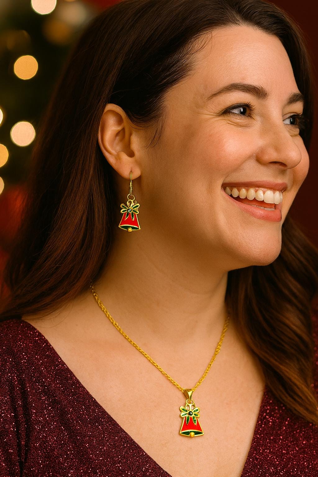 Christmas Bell Earrings, Red & Gold Holiday Dangle Earrings, Festive Gift for Her, Lightweight Enamel Jewelry, Gold Christmas Bells