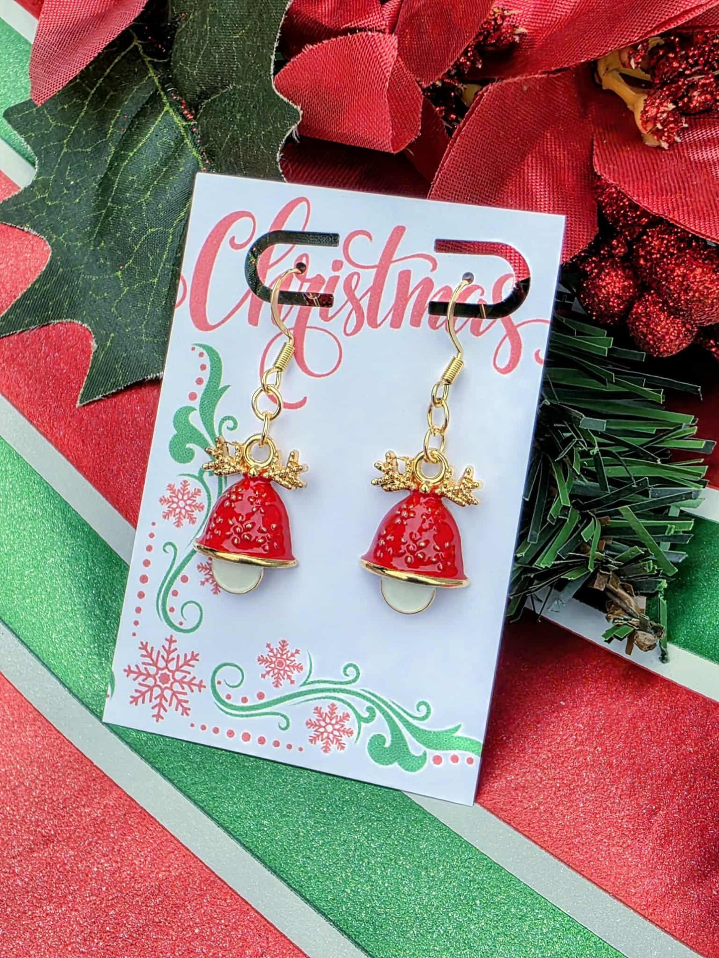 Christmas Bell Earrings, Red & Green Holiday Dangle Earrings, Festive Gift for Her, Lightweight Enamel Jewelry, Gold Christmas Bells