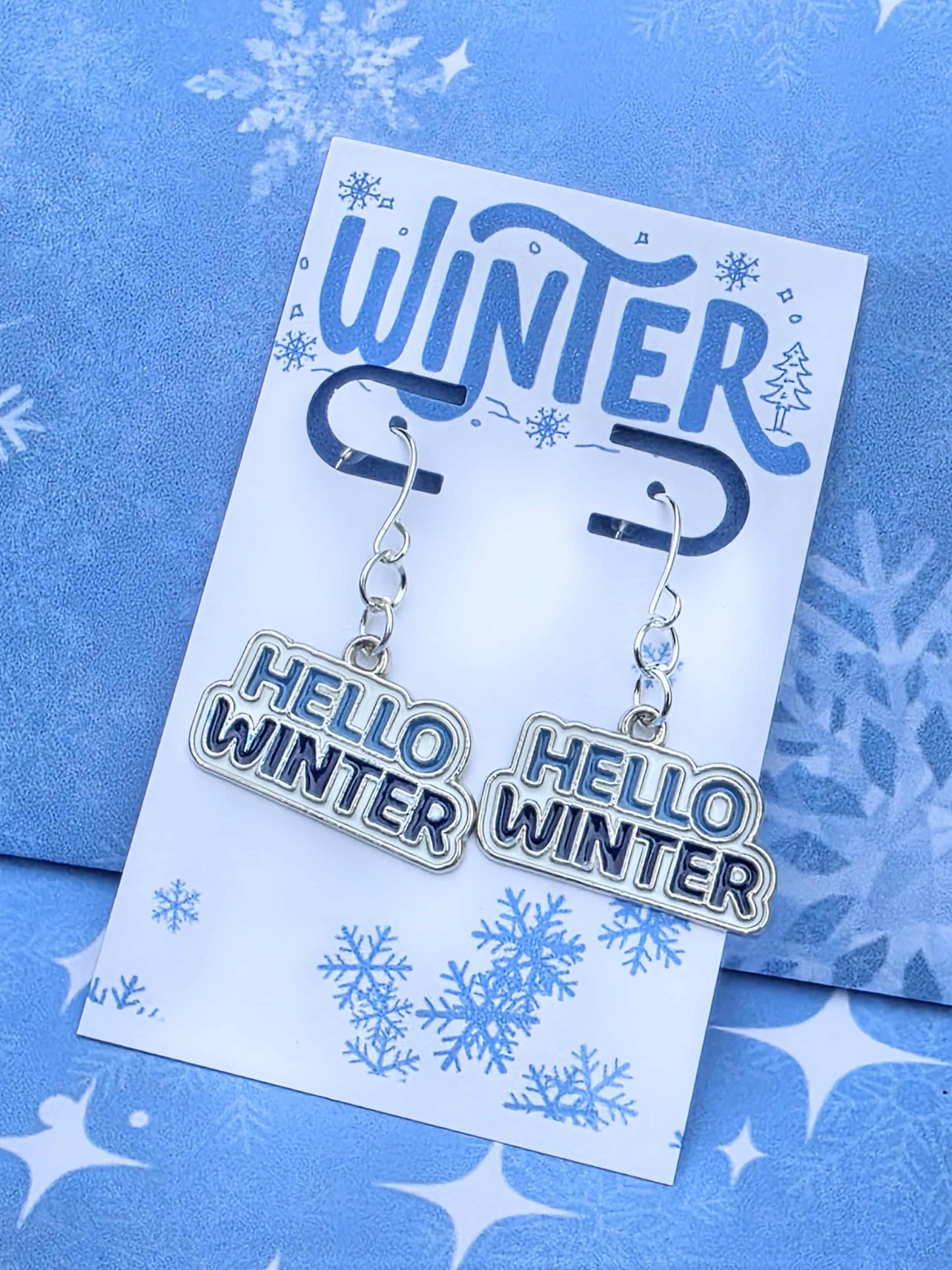 Hello Winter Earrings, Silver Snowflake Winter Jewelry, Frosty Season Gift for Her, Holiday Dangle Earrings, Cute Cold Weather Accessory