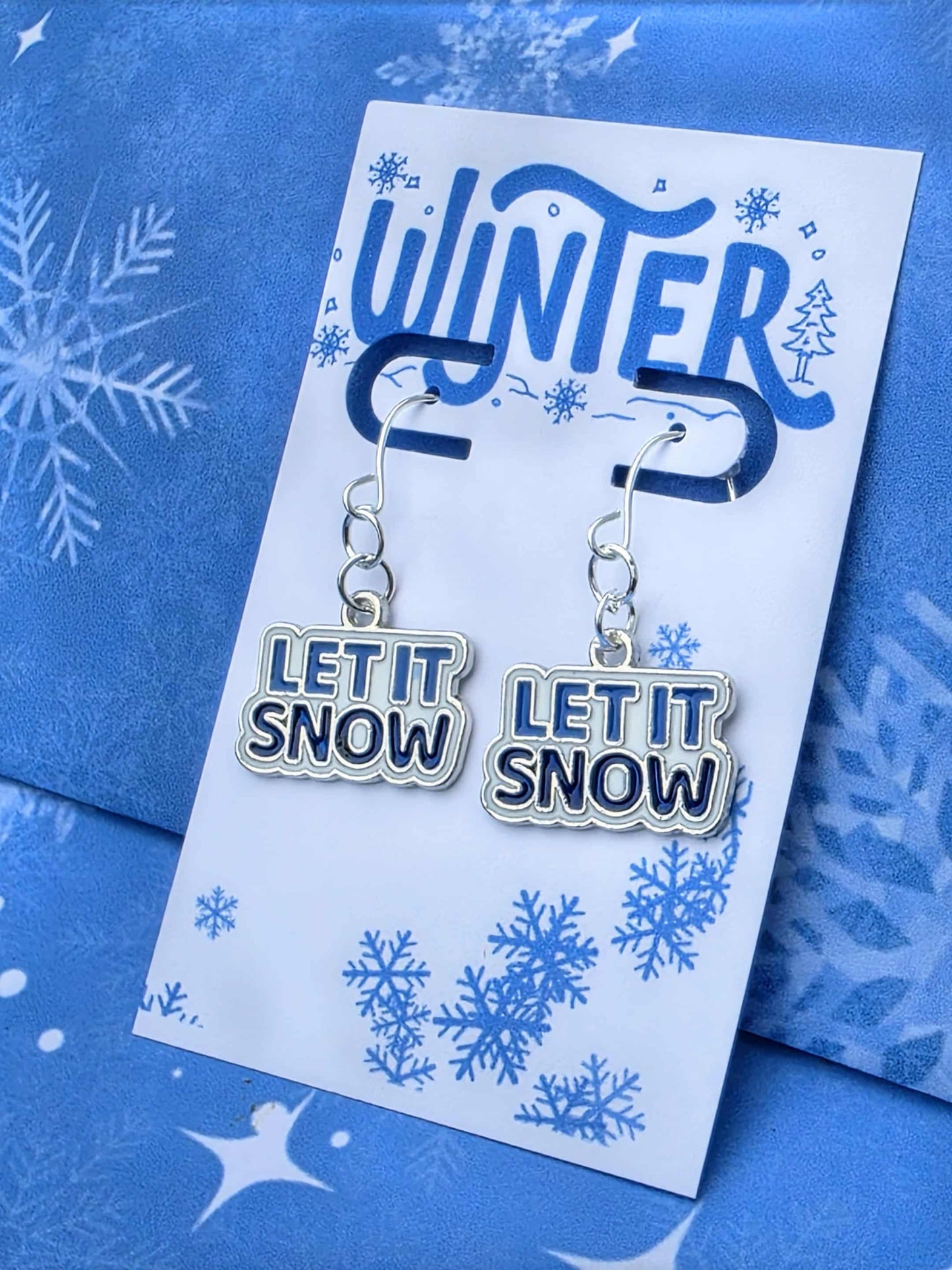 Let It Snow Earrings, Silver Snowflake Winter Jewelry, Frosty Season Gift for Her, Holiday Dangle Earrings, Cute Cold Weather Accessory