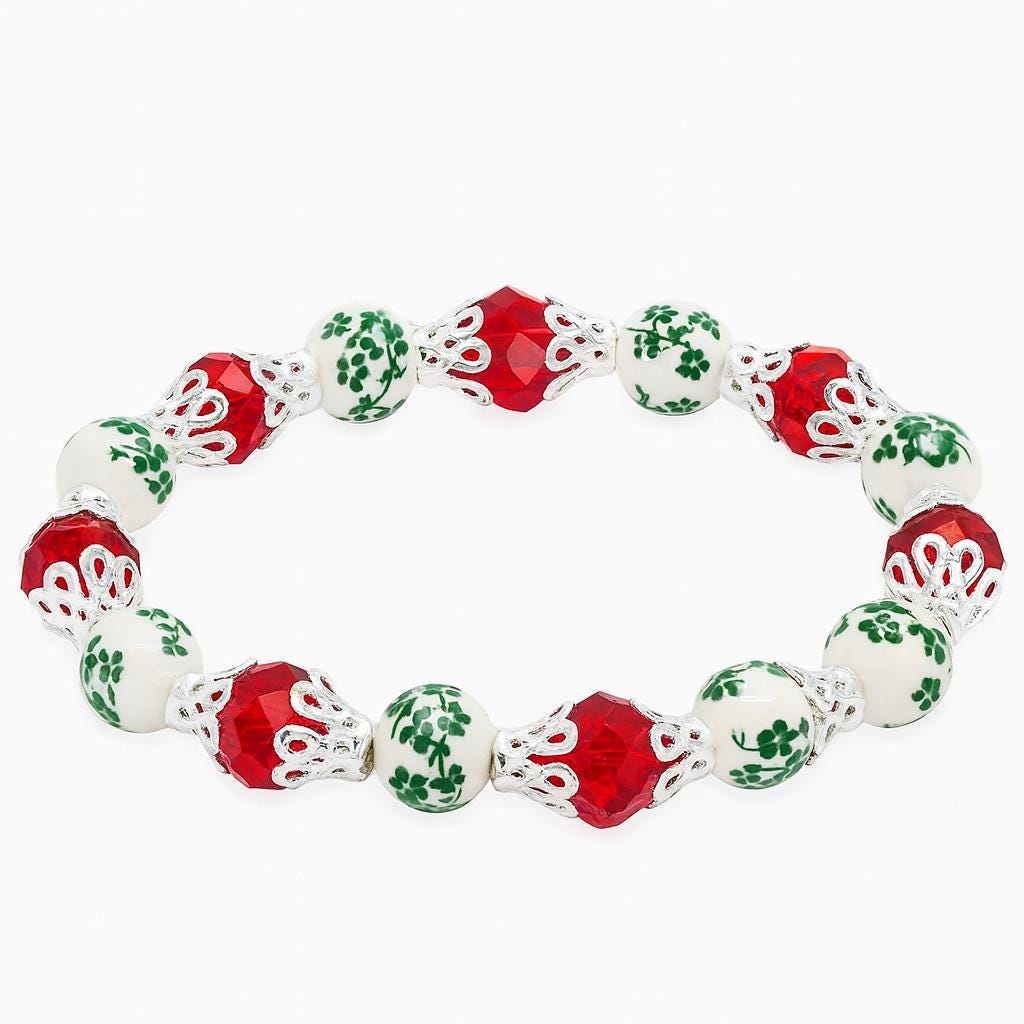 Red Green Holiday Bracelet, Christmas Beaded Stretch Jewelry, Festive Handmade Gift, Winter Party Accessory, Sparkly Bracelet for Her
