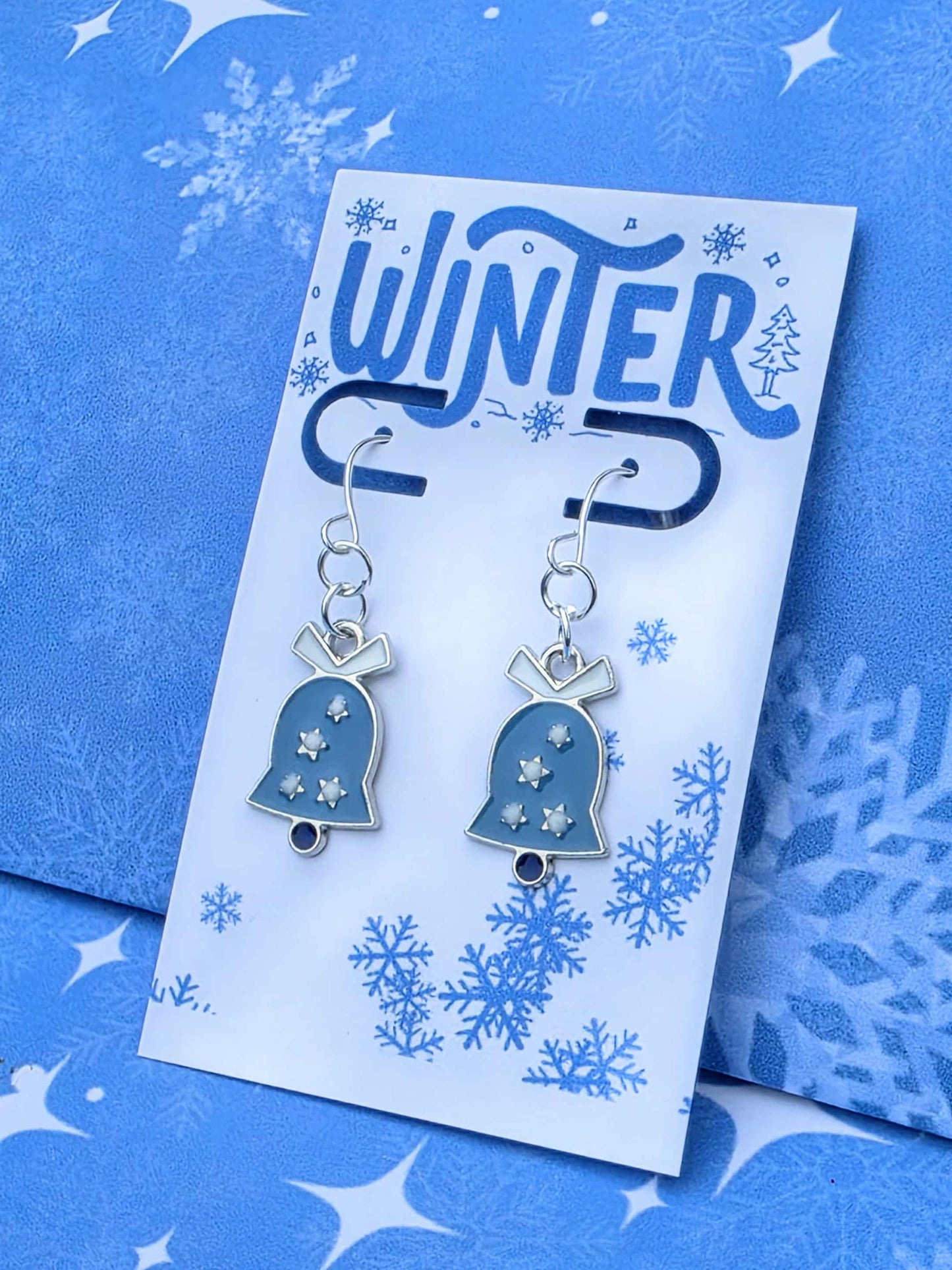 Blue Holiday Bell Earrings – Silver Christmas Earrings, Hypoallergenic Dangles, Matching Necklace Available, Gift Bag Ready