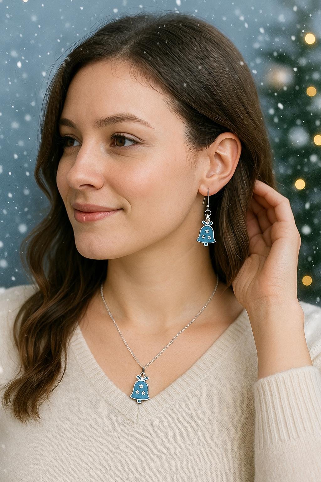 Blue Holiday Bell Earrings – Silver Christmas Earrings, Hypoallergenic Dangles, Matching Necklace Available, Gift Bag Ready