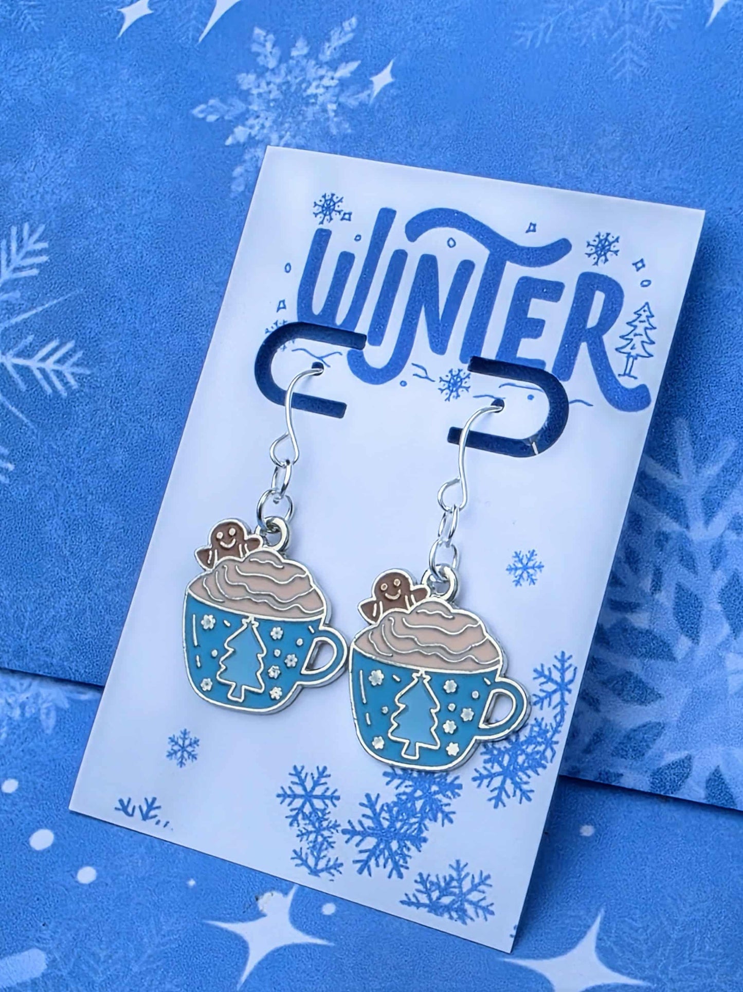 Hot Cocoa Earrings with Gingerbread – Winter Holiday Jewelry, Silver Christmas Dangles, Matching Necklace, Gift Bag Ready