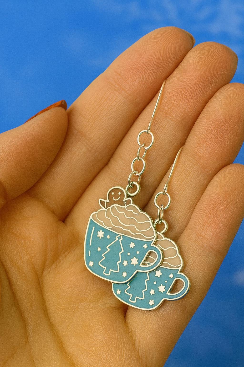 Hot Cocoa Earrings with Gingerbread – Winter Holiday Jewelry, Silver Christmas Dangles, Matching Necklace, Gift Bag Ready