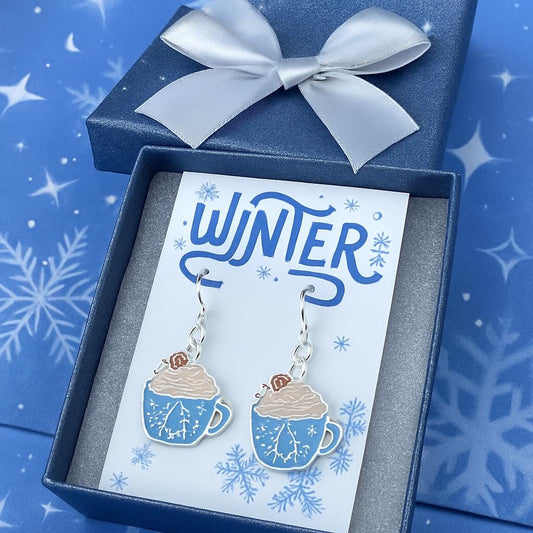Hot Cocoa Earrings with Gingerbread – Winter Holiday Jewelry, Silver Christmas Dangles, Matching Necklace, Gift Bag Ready