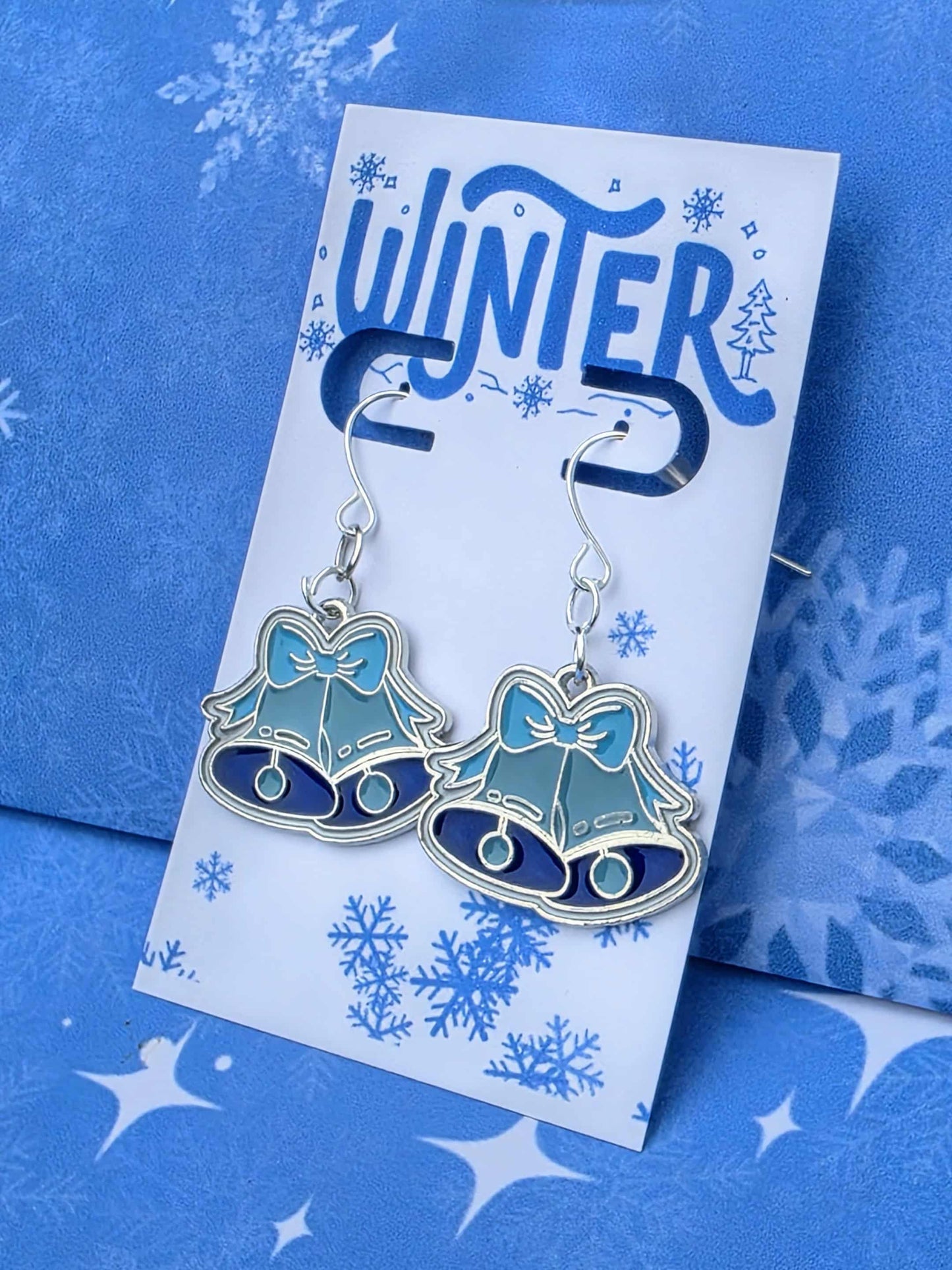 Blue Holiday Bell Earrings – Silver Christmas Jewelry, Hypoallergenic Dangles, Matching Necklace Available, Gift Bag Ready