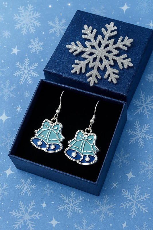Blue Holiday Bell Earrings – Silver Christmas Jewelry, Hypoallergenic Dangles, Matching Necklace Available, Gift Bag Ready