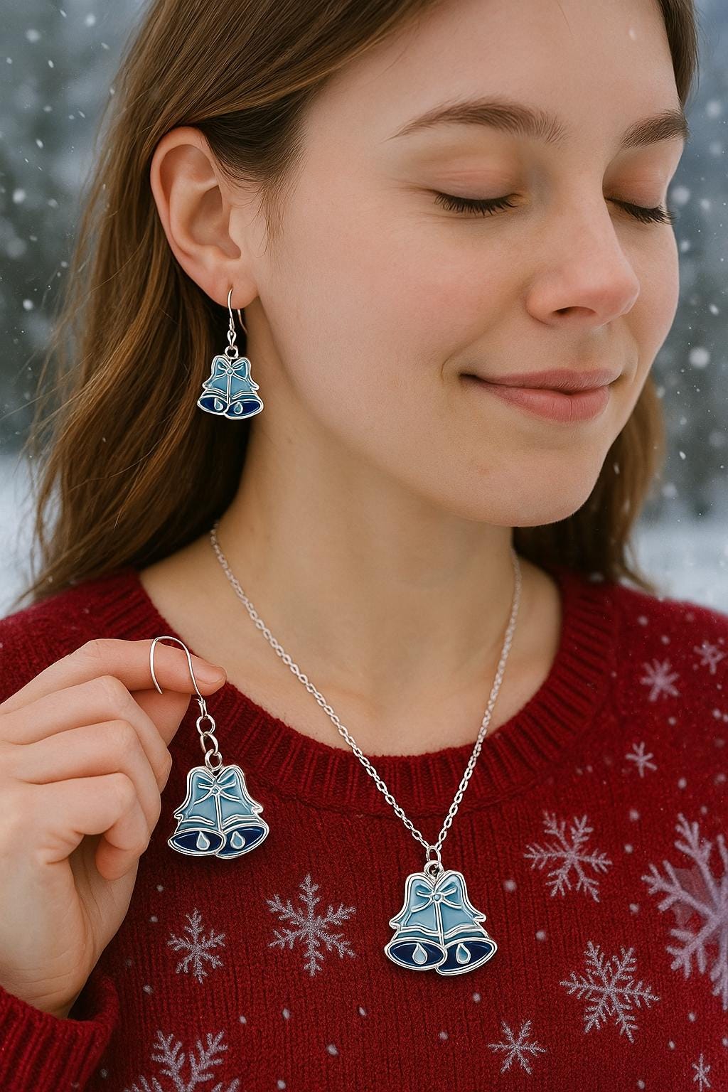 Blue Holiday Bell Earrings – Silver Christmas Jewelry, Hypoallergenic Dangles, Matching Necklace Available, Gift Bag Ready