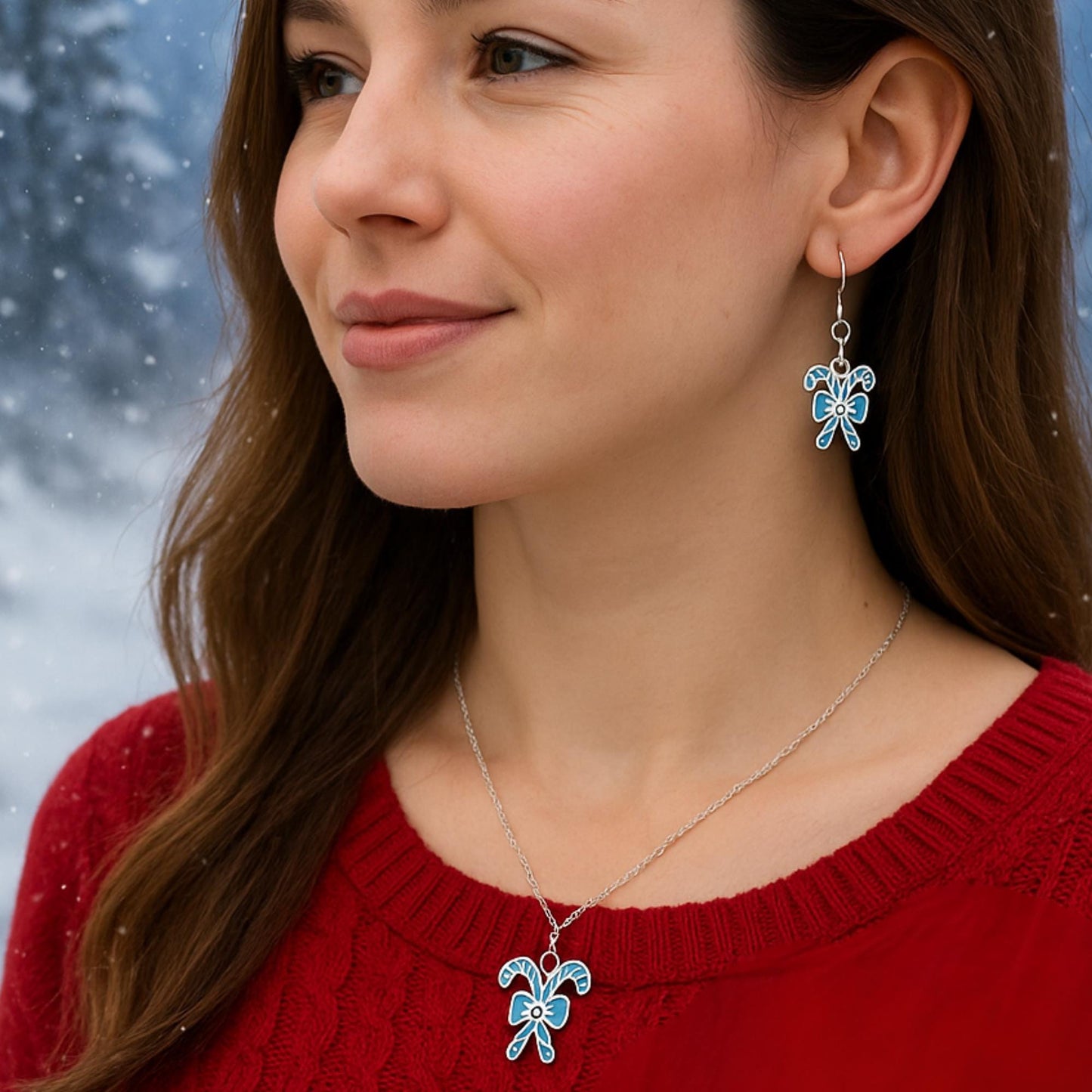 Candy Cane Earrings – Silver Christmas Jewelry, Hypoallergenic Holiday Dangles, Matching Necklace, Gift Bag Ready, Peppermint Festive