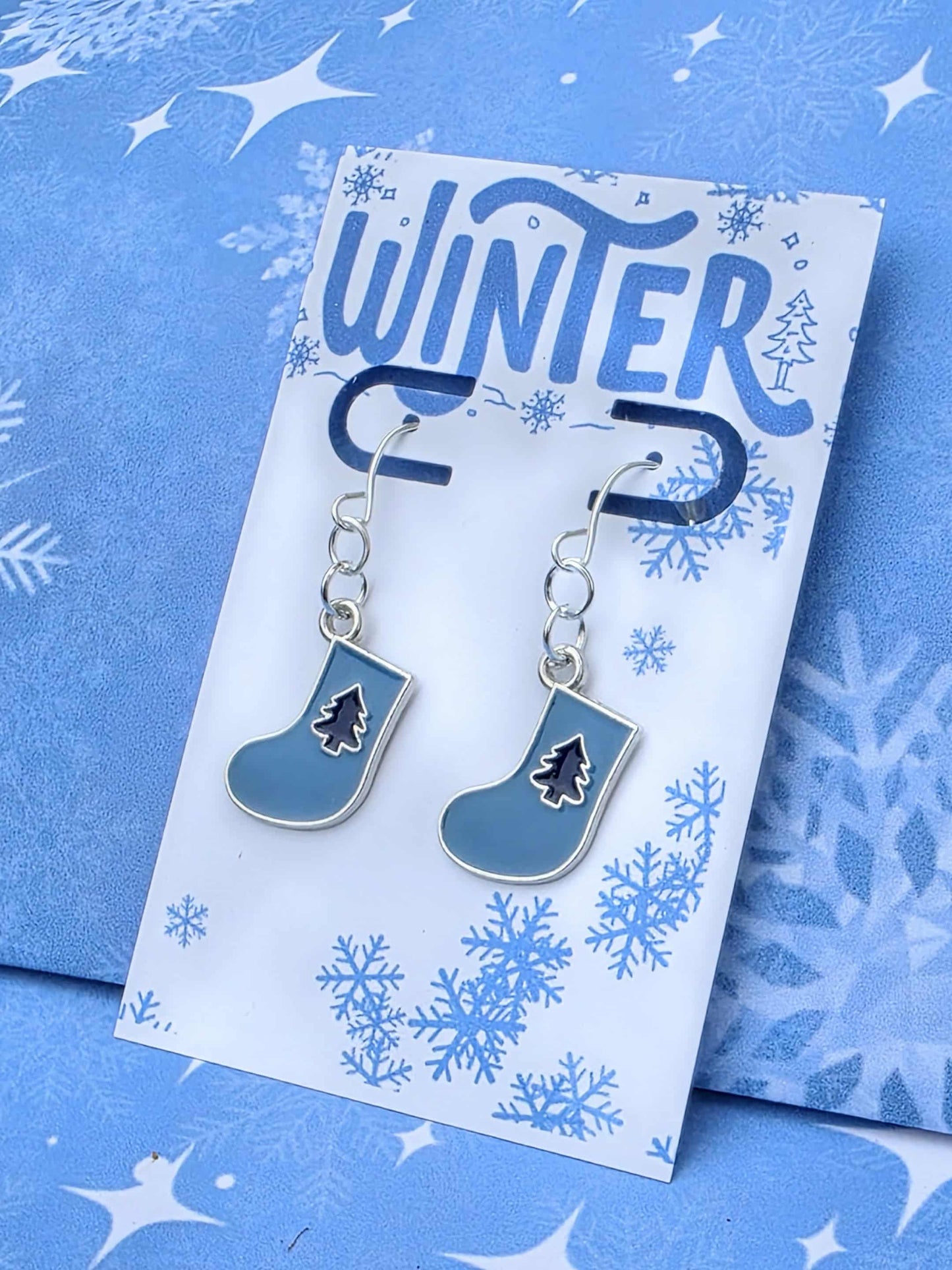 Blue Christmas Stocking Earrings – Silver Holiday Jewelry, Hypoallergenic Dangles, Matching Necklace, Gift Bag Ready