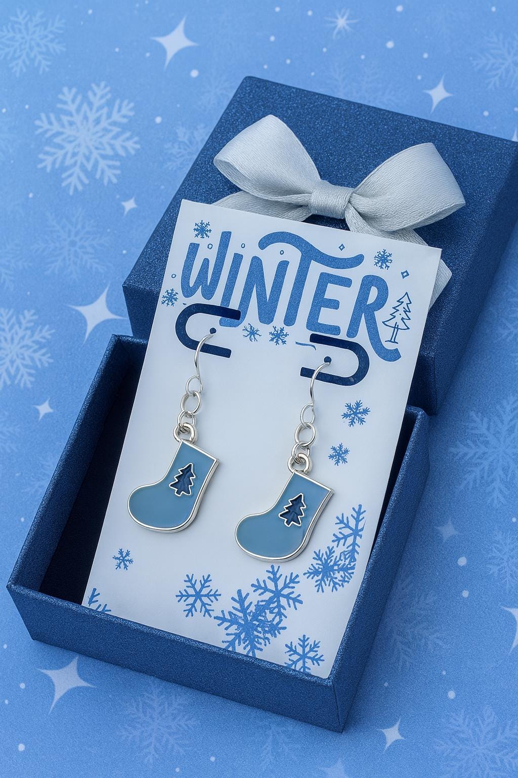 Blue Christmas Stocking Earrings – Silver Holiday Jewelry, Hypoallergenic Dangles, Matching Necklace, Gift Bag Ready