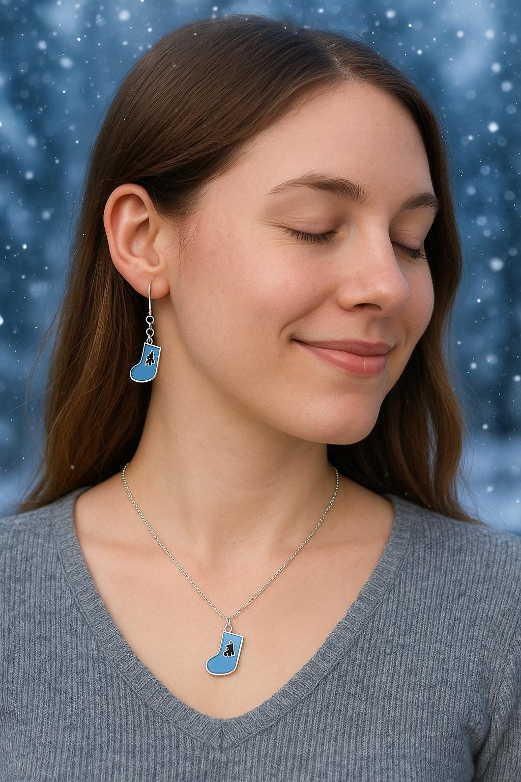 Blue Christmas Stocking Earrings – Silver Holiday Jewelry, Hypoallergenic Dangles, Matching Necklace, Gift Bag Ready