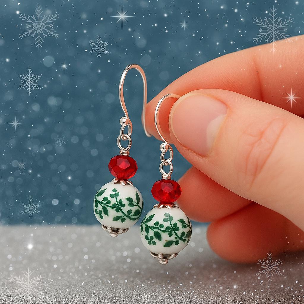 Red and Green Floral Christmas Earrings | Holiday Jewelry Gift for Her | Festive Dangle Earrings | Handmade Christmas Fashion Accessory