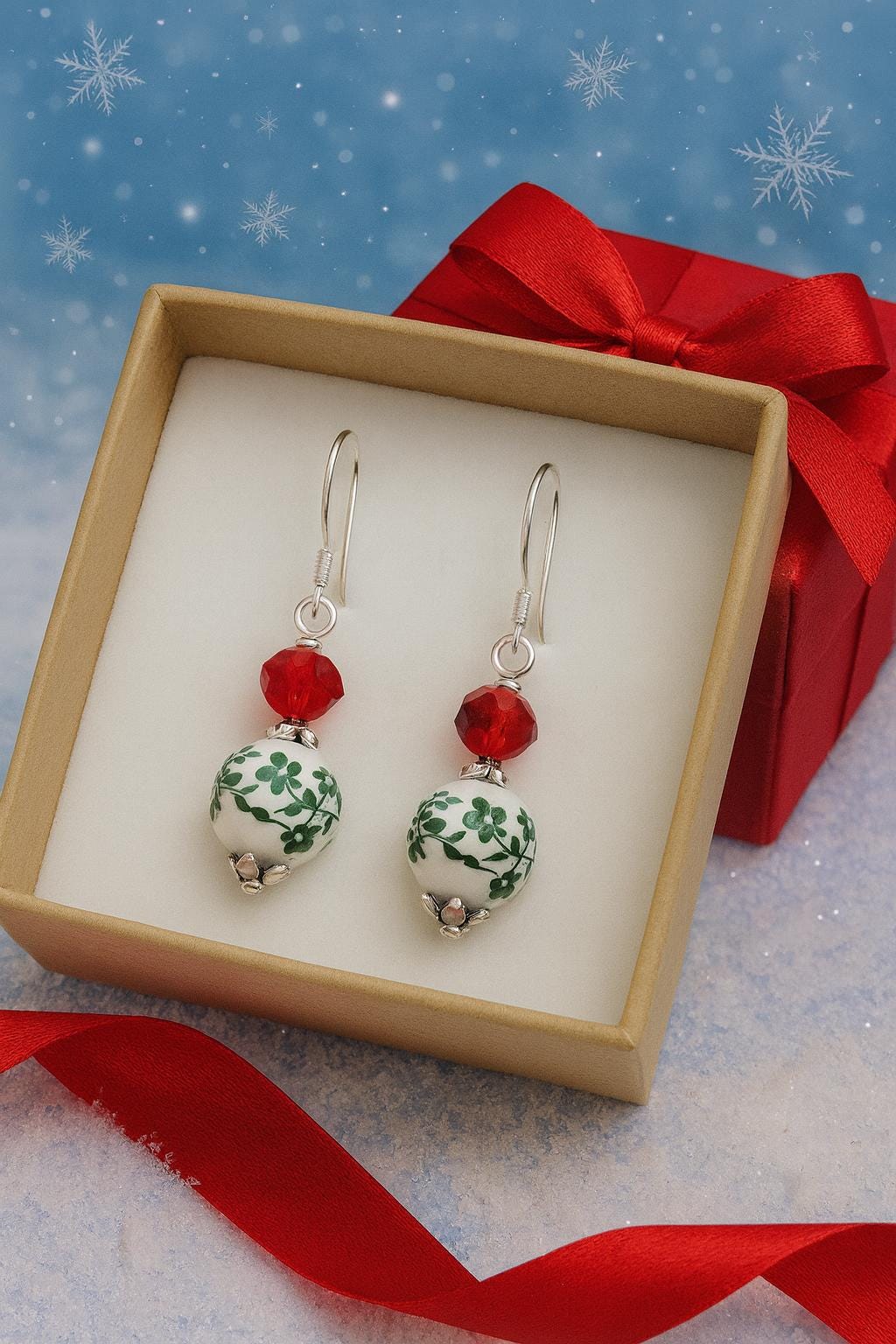 Handmade Christmas Earrings | Red Crystal Floral Dangle
