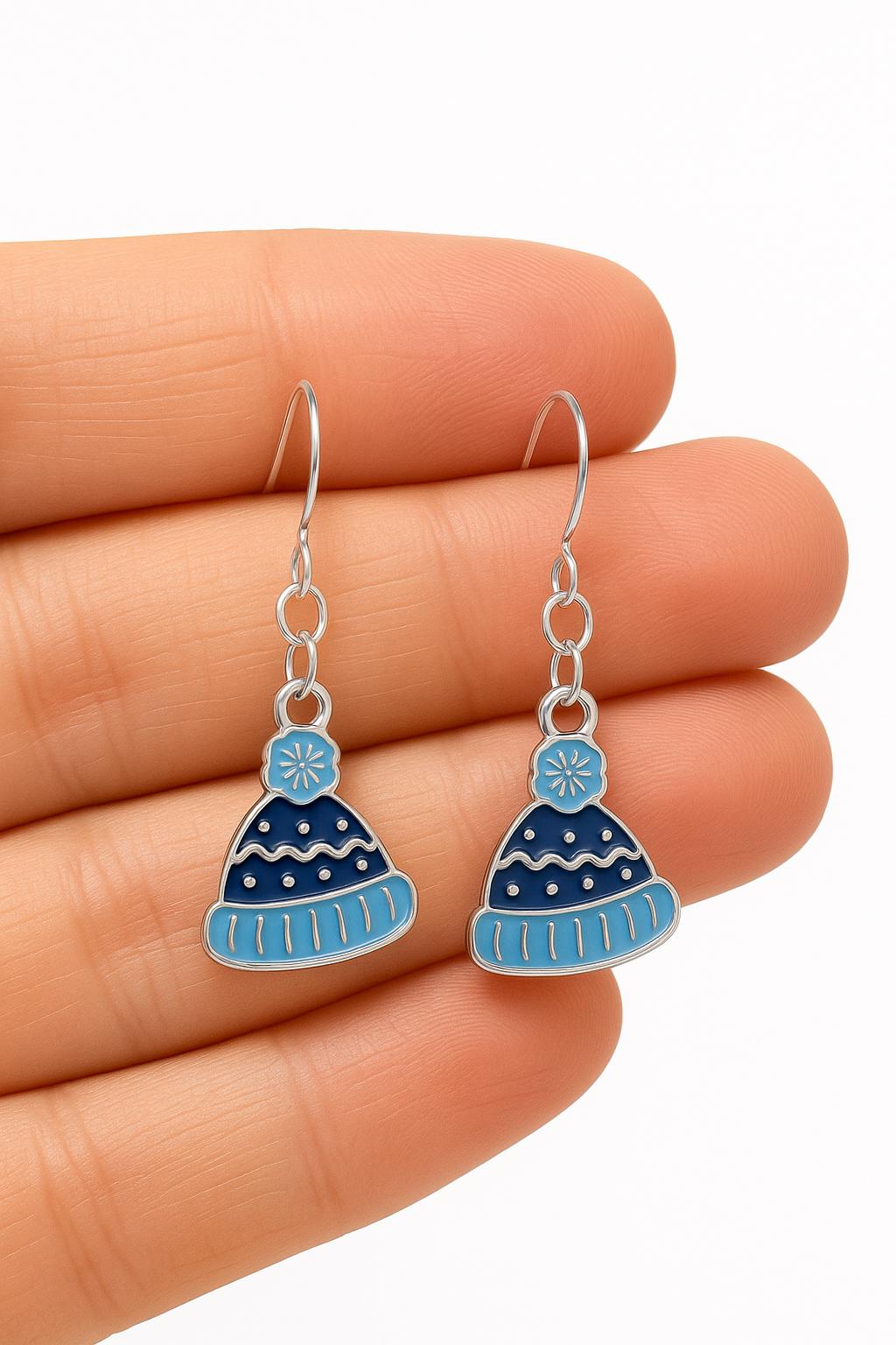 Blue Winter Hat Earrings & Necklace Set | Holiday Jewelry Gift for Her | Cozy Winter Accessories | Festive Christmas Jewelry, Snowflake