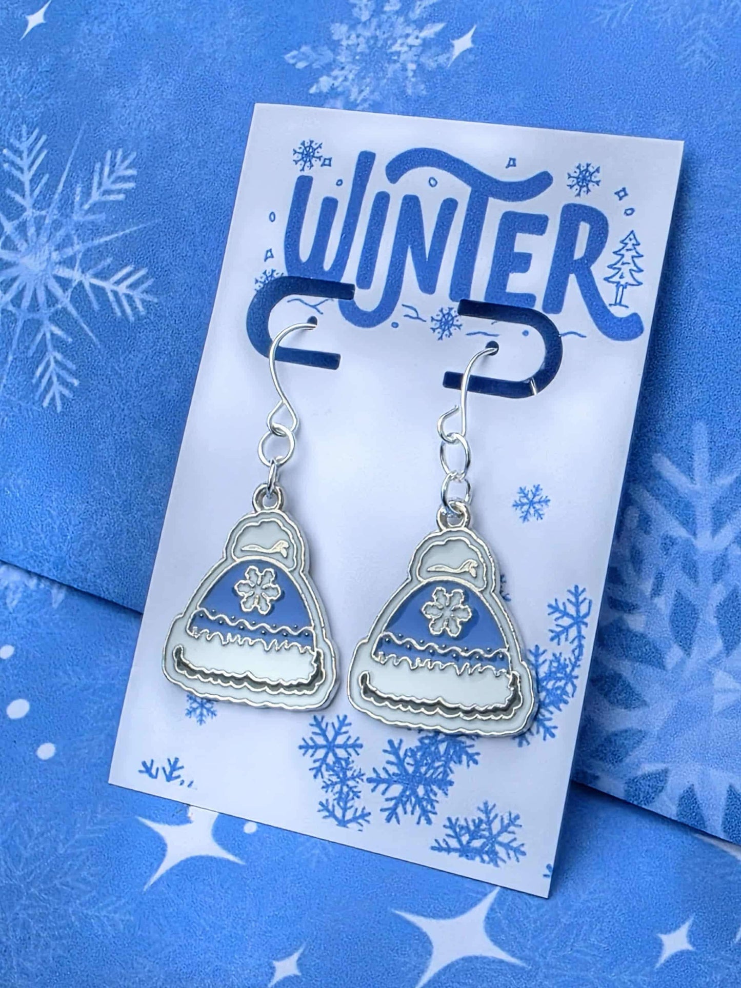 Winter Hat Earrings & Matching Necklace Set | Blue Snowflake Jewelry | Sterling Silver Dangles | Cozy Winter Gift for Her | Holiday Jewelry