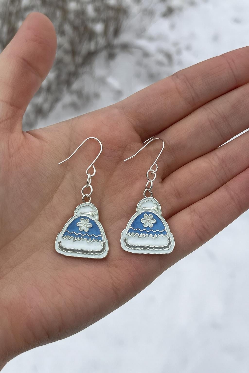Winter Hat Earrings & Matching Necklace Set | Blue Snowflake Jewelry | Sterling Silver Dangles | Cozy Winter Gift for Her | Holiday Jewelry