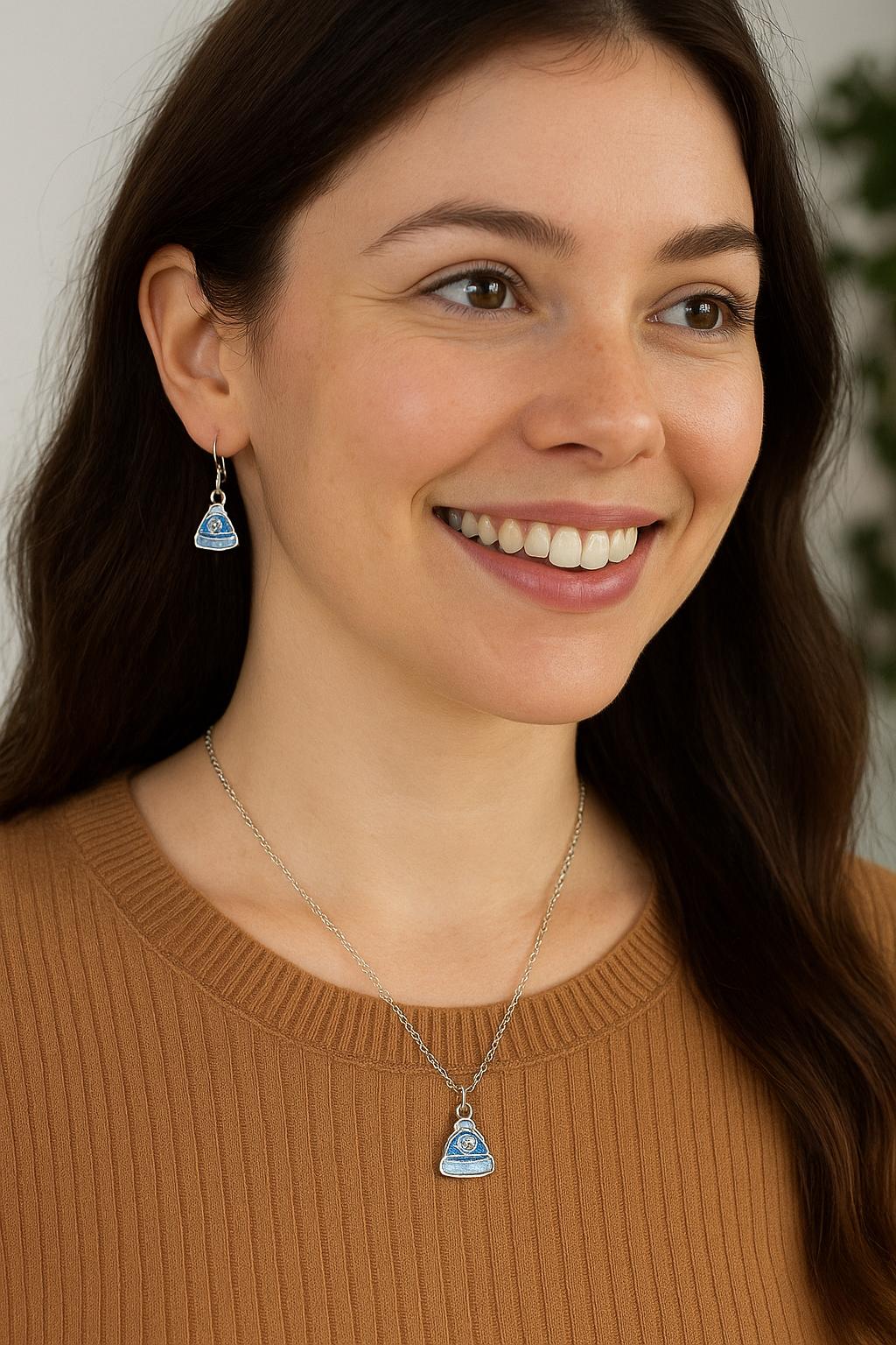 Winter Hat Earrings & Matching Necklace Set | Blue Snowflake Jewelry | Sterling Silver Dangles | Cozy Winter Gift for Her | Holiday Jewelry