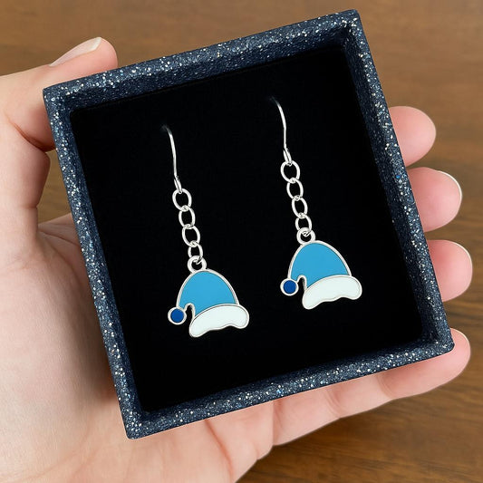 Blue Santa Hat Earrings | Holiday Dangle Earrings | Winter Christmas Jewelry | Fun Festive Gift for Her | Lightweight Holiday Accessory