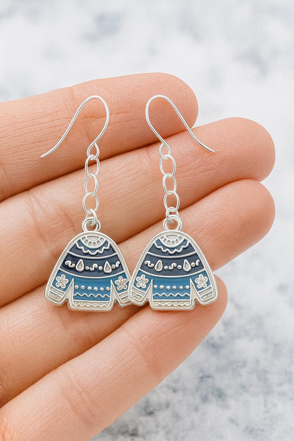 Ugly Christmas Sweater Earrings | Funny Holiday Jewelry | Blue Festive Dangle Earrings | Winter Party Accessory | Gift for Her