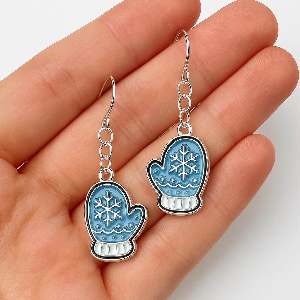 Blue Mitten Earrings & Matching Necklace Set | Winter Snowflake Jewelry | Christmas Gift for Her | Holiday Snowy Charm Set | Cozy Winter
