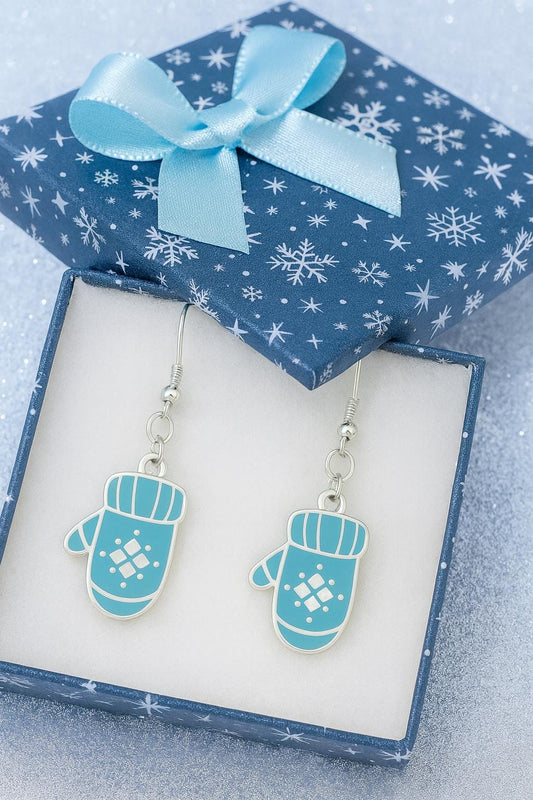 Turquoise Mitten Earrings & Matching Necklace Set | Winter Snowflake Jewelry | Christmas Gift for Her | Cozy Holiday Jewelry Set | Snowy