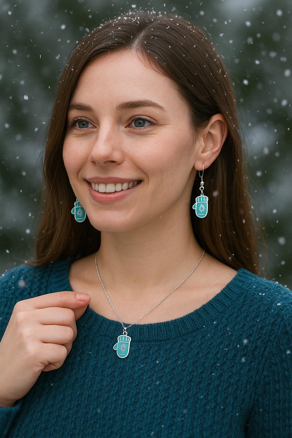 Turquoise Mitten Earrings & Matching Necklace Set | Winter Snowflake Jewelry | Christmas Gift for Her | Cozy Holiday Jewelry Set | Snowy