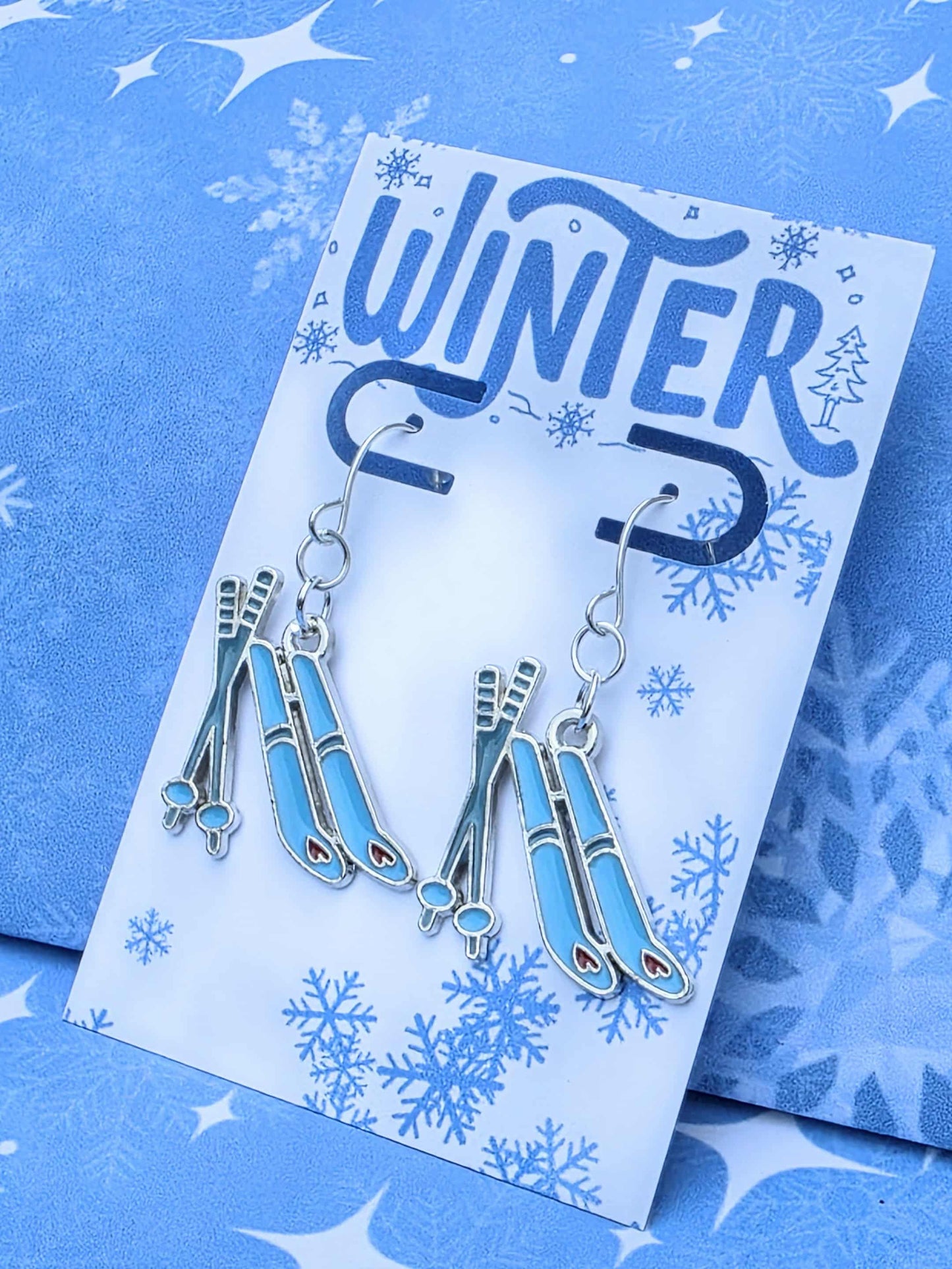 Ski Earrings Winter Jewelry Gift | Snowy Ski Lodge Earrings | Blue Ski Charm Dangles | Cozy Winter Fashion | Christmas Gift for Skier