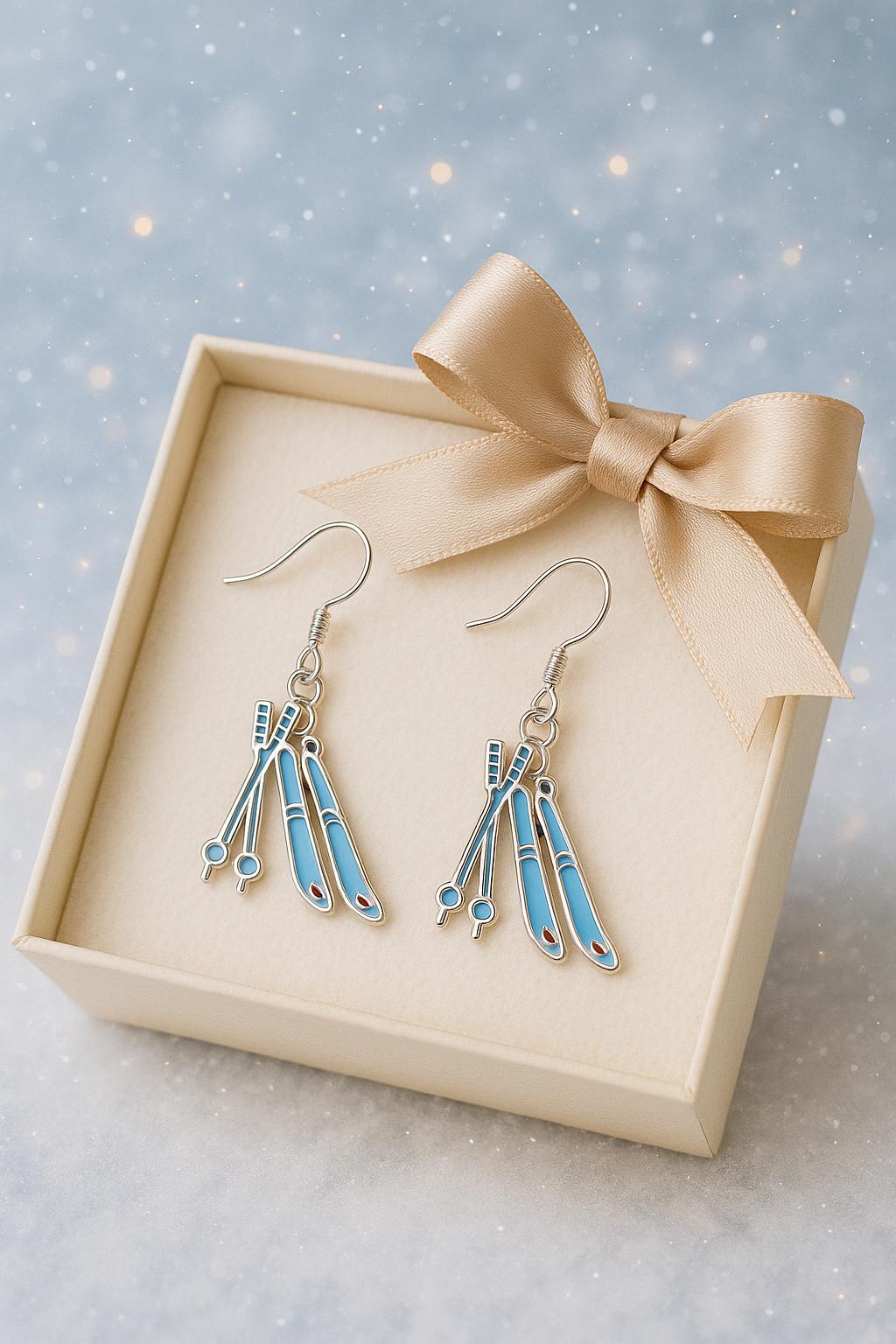 Ski Earrings Winter Jewelry Gift | Snowy Ski Lodge Earrings | Blue Ski Charm Dangles | Cozy Winter Fashion | Christmas Gift for Skier