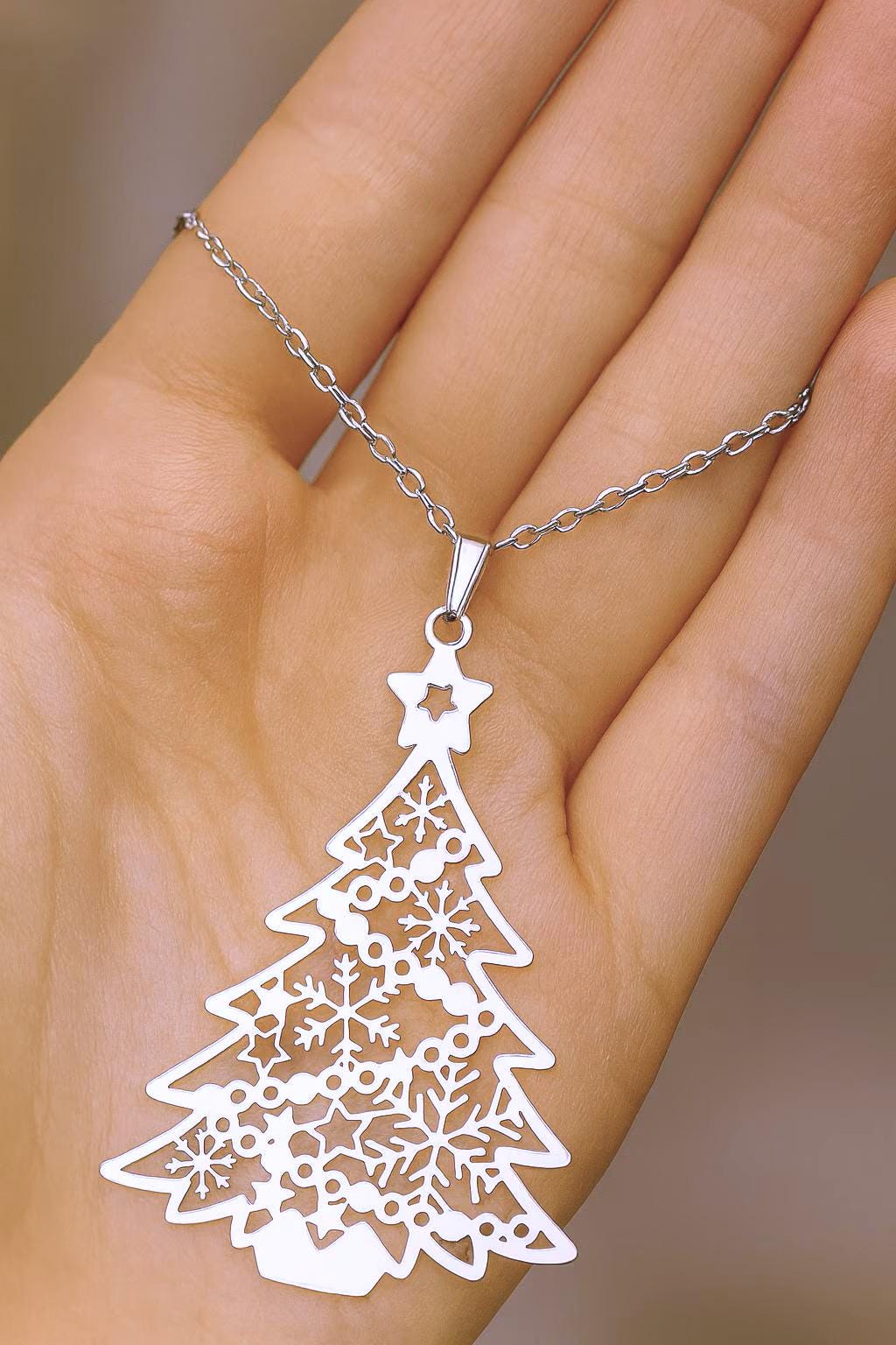 Silver Christmas Tree Necklace | Stainless Steel Holiday Pendant
