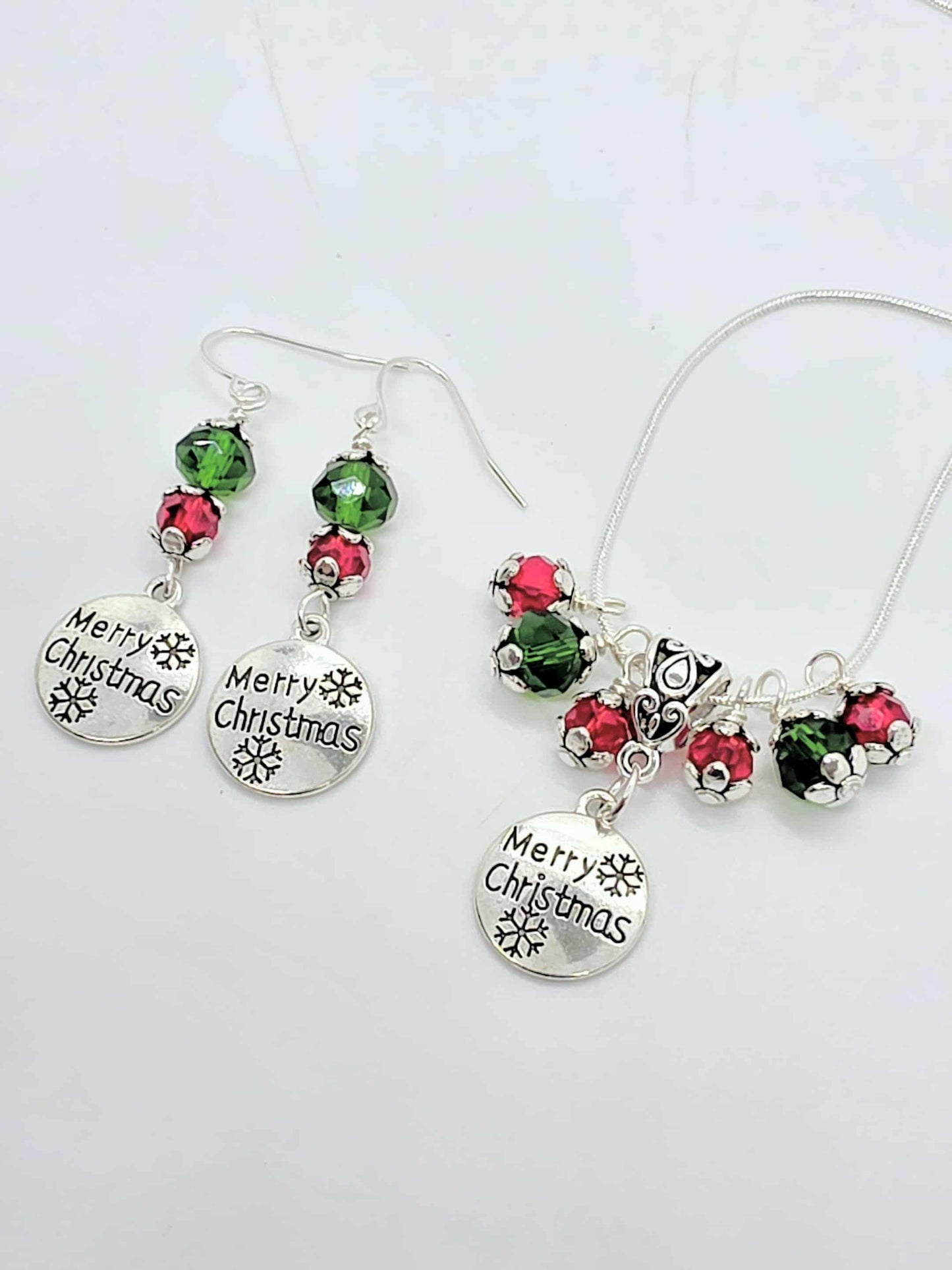 Handmade Christmas Jewelry Set, Red & Green Crystal, Snowflake Charms