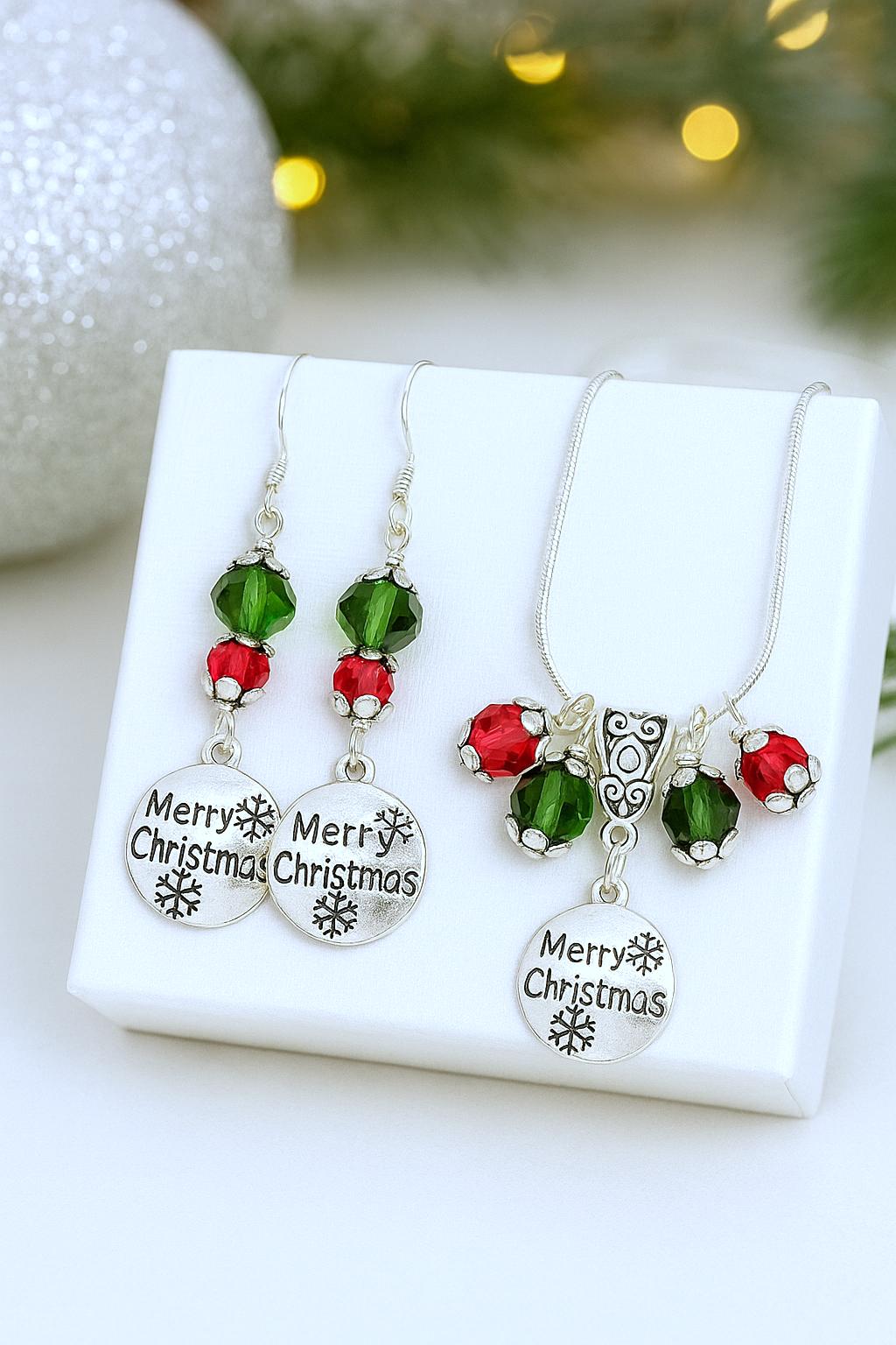 Handmade Christmas Jewelry Set, Red & Green Crystal, Snowflake Charms