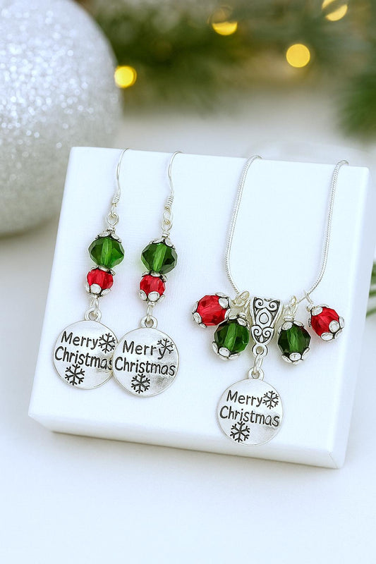 Handmade Christmas Jewelry Set, Red & Green Crystal, Snowflake Charms