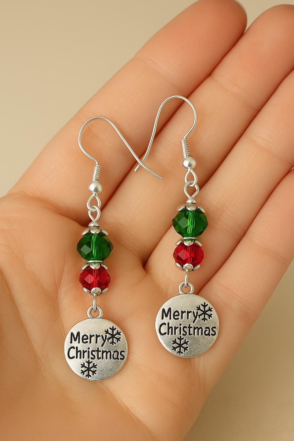 Handmade Christmas Jewelry Set, Red & Green Crystal, Snowflake Charms
