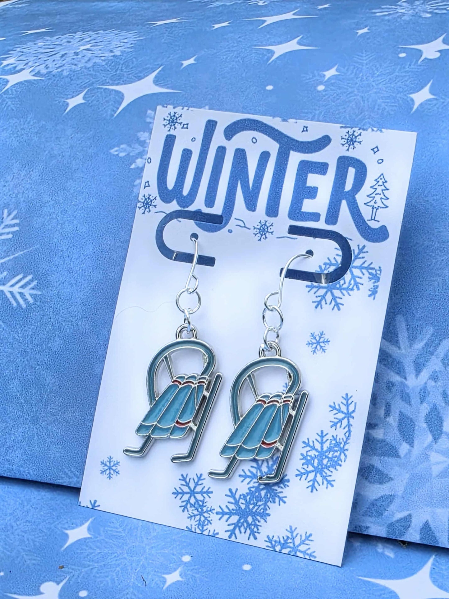 Winter Sled Earrings & Matching Necklace | Cozy Winter Jewelry Set | Snow Day Earrings | Cute Sled Charm Jewelry | Holiday Gift for Her
