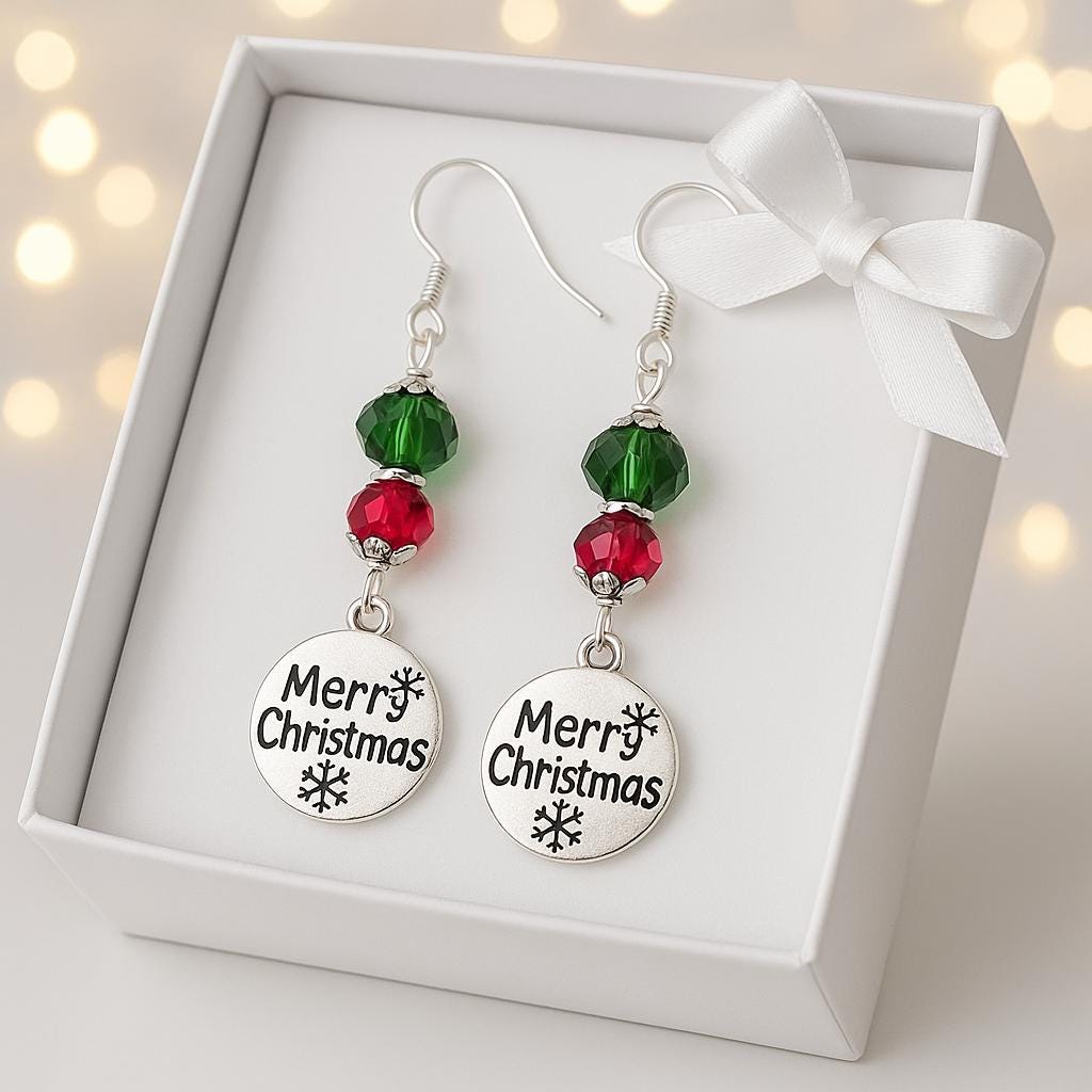 Handmade Christmas Jewelry Set, Red & Green Crystal, Snowflake Charms
