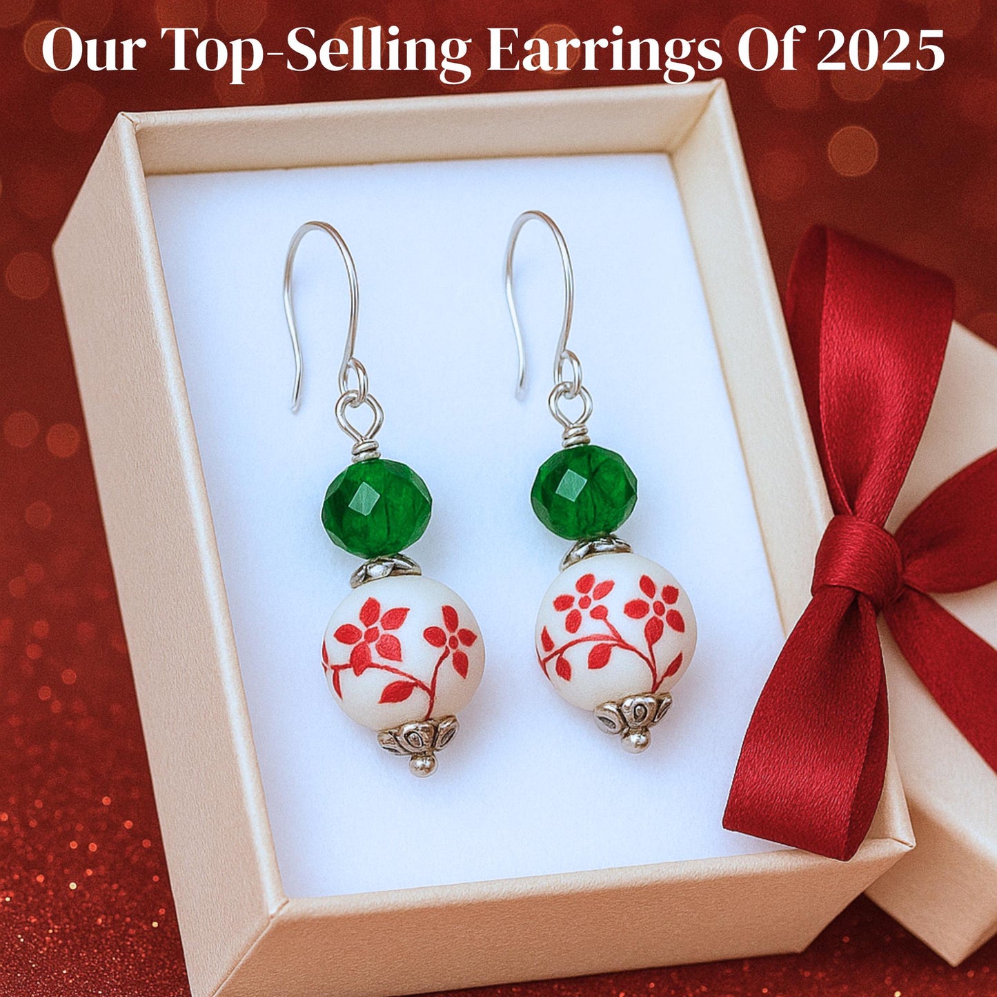 Last Minute Christmas Gift, Handmade Christmas Earrings | Red Floral Ceramic Beads, Crystal Dangles