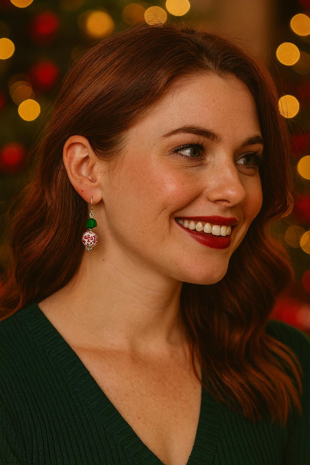 Last Minute Christmas Gift, Handmade Christmas Earrings | Red Floral Ceramic Beads, Crystal Dangles