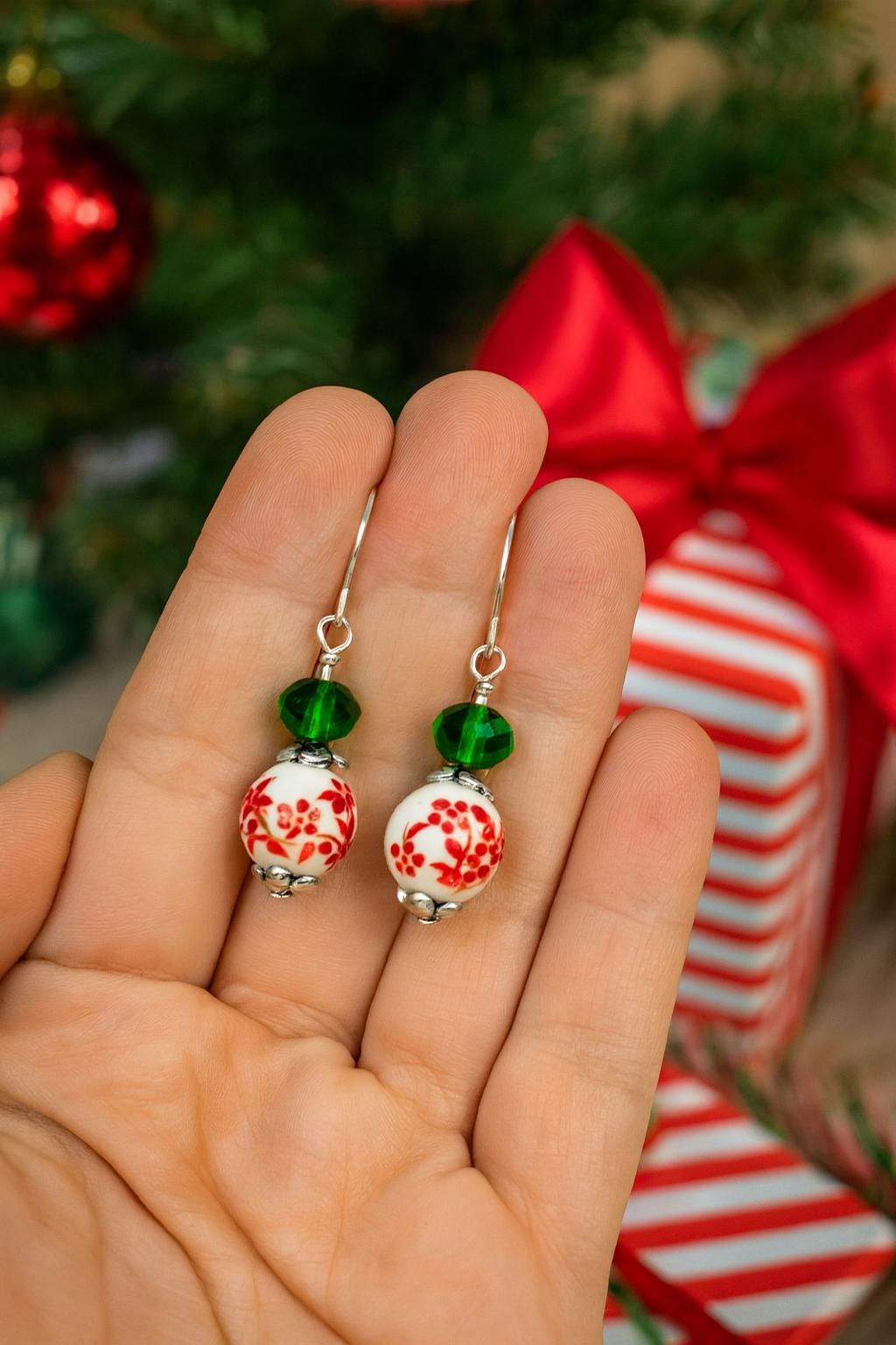 Last Minute Christmas Gift, Handmade Christmas Earrings | Red Floral Ceramic Beads, Crystal Dangles