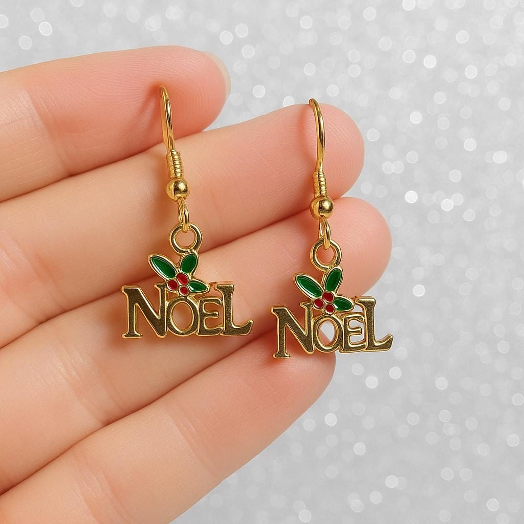 Noel Christmas Dangle Earrings – Gold Tone, Holly Leaves