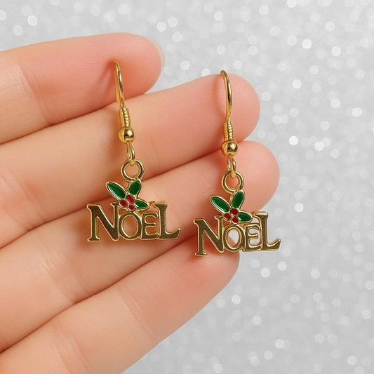 Noel Christmas Dangle Earrings – Gold Tone, Holly Leaves