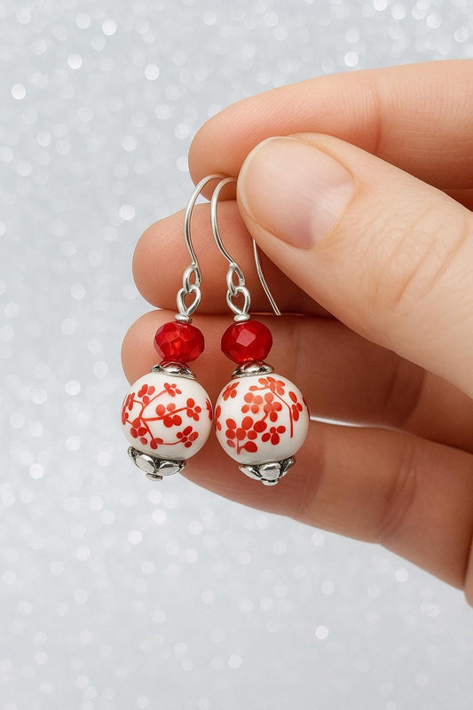 Red Floral Christmas Earrings | Handmade Ceramic Dangle Jewelry