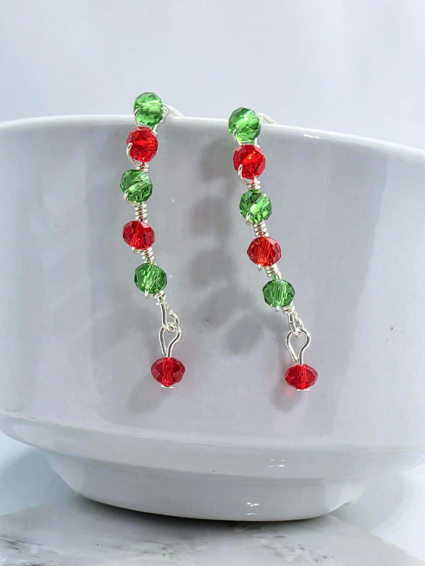 Red and Green Glass Beaded Christmas Earrings | Silver Wire Dangle