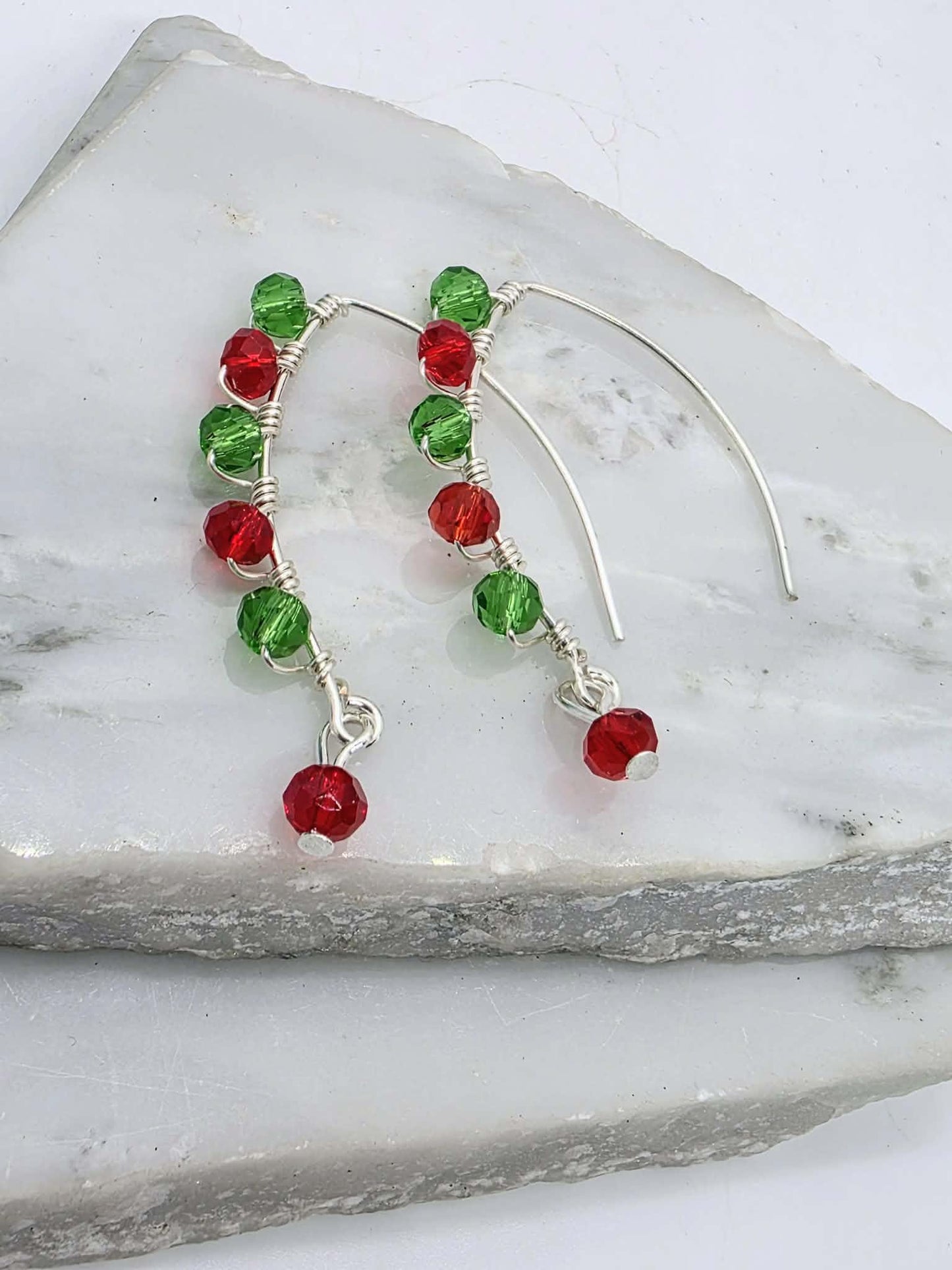 Red and Green Glass Beaded Christmas Earrings | Silver Wire Dangle